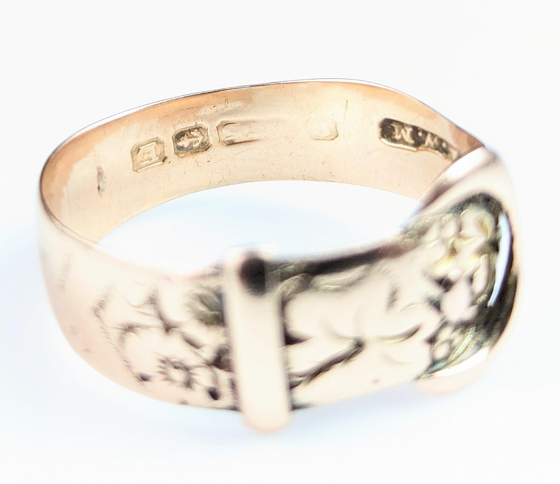Women's or Men's Vintage 9k Rose Gold Engraved Buckle Ring, 1920s