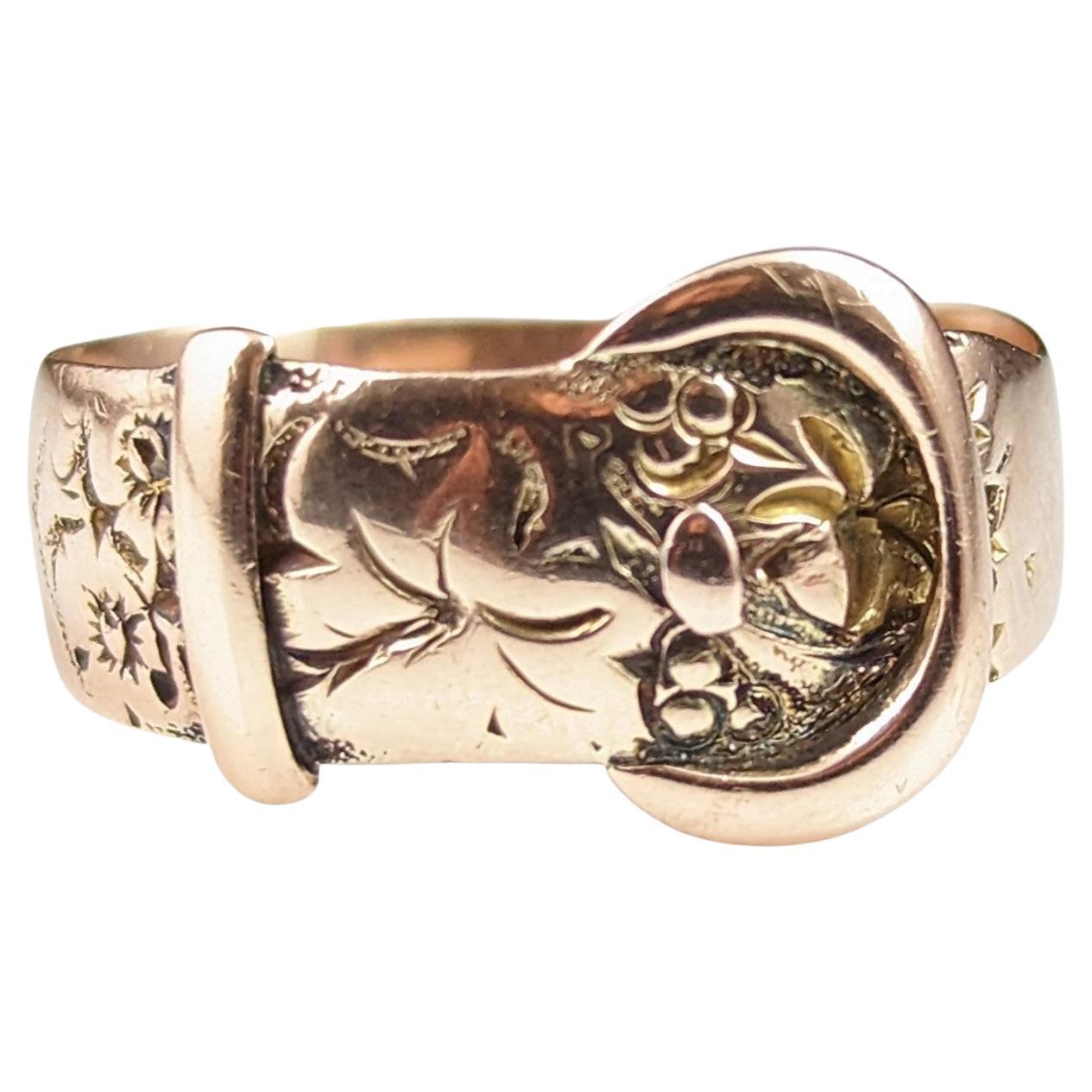 Vintage 9k Rose Gold Engraved Buckle Ring, 1920s
