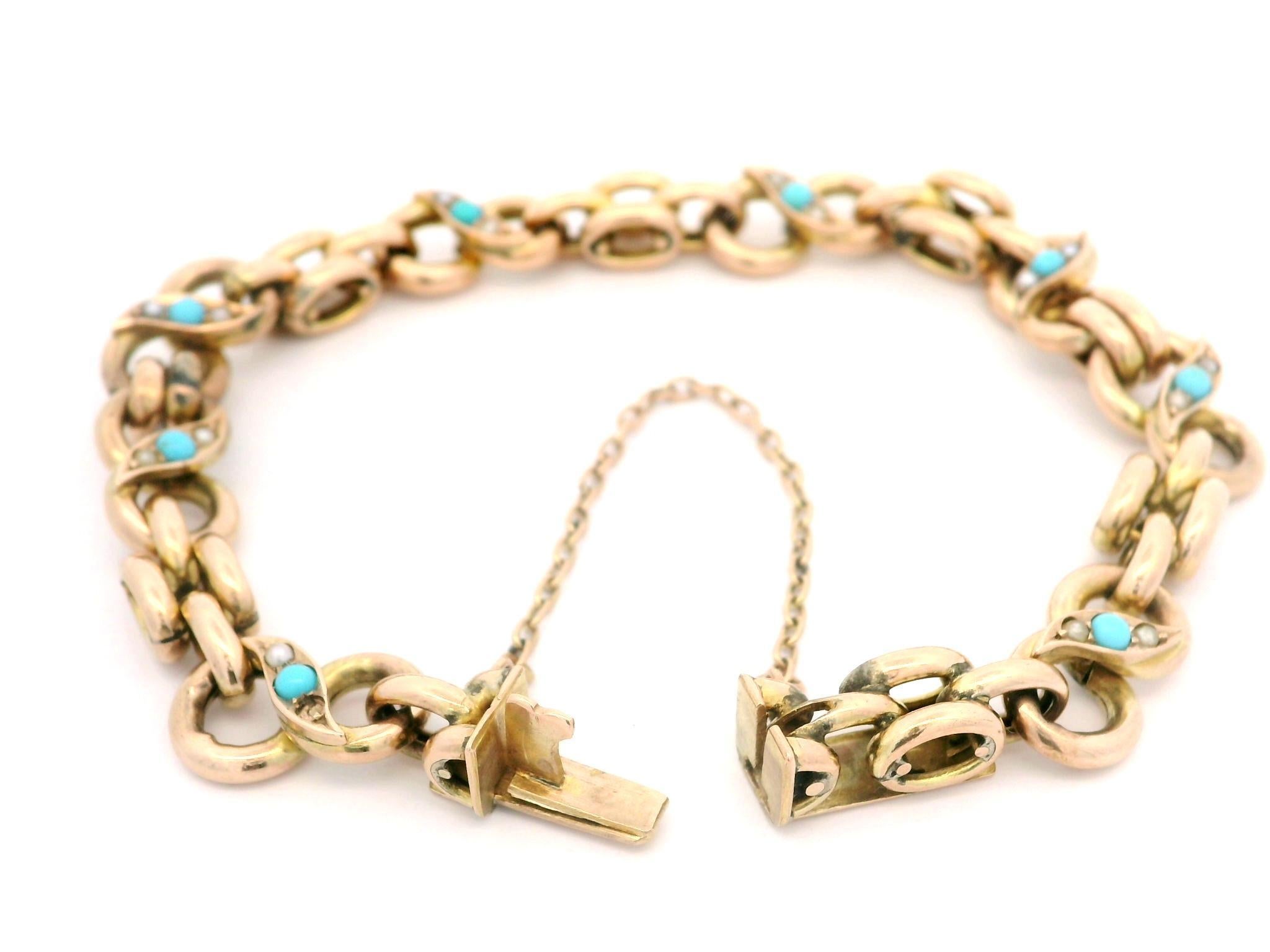 Bracelet à maillons infinis vintage en or jaune rosé 9 carats, turquoise et perles naturelles en vente 5