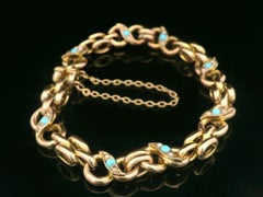 Vintage 9k Rosy Yellow Gold Turquoise & Seed Pearl Infinity Link Chain Bracelet