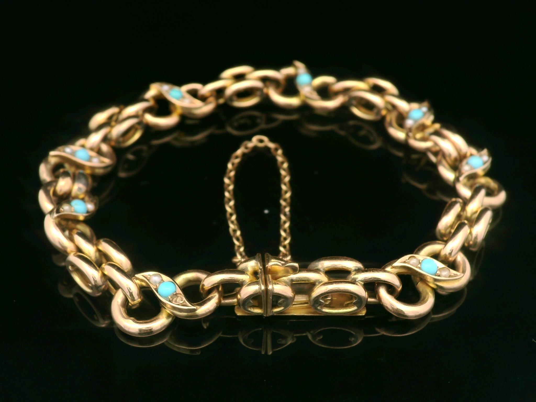 Taille cabochon Bracelet à maillons infinis vintage en or jaune rosé 9 carats, turquoise et perles naturelles en vente