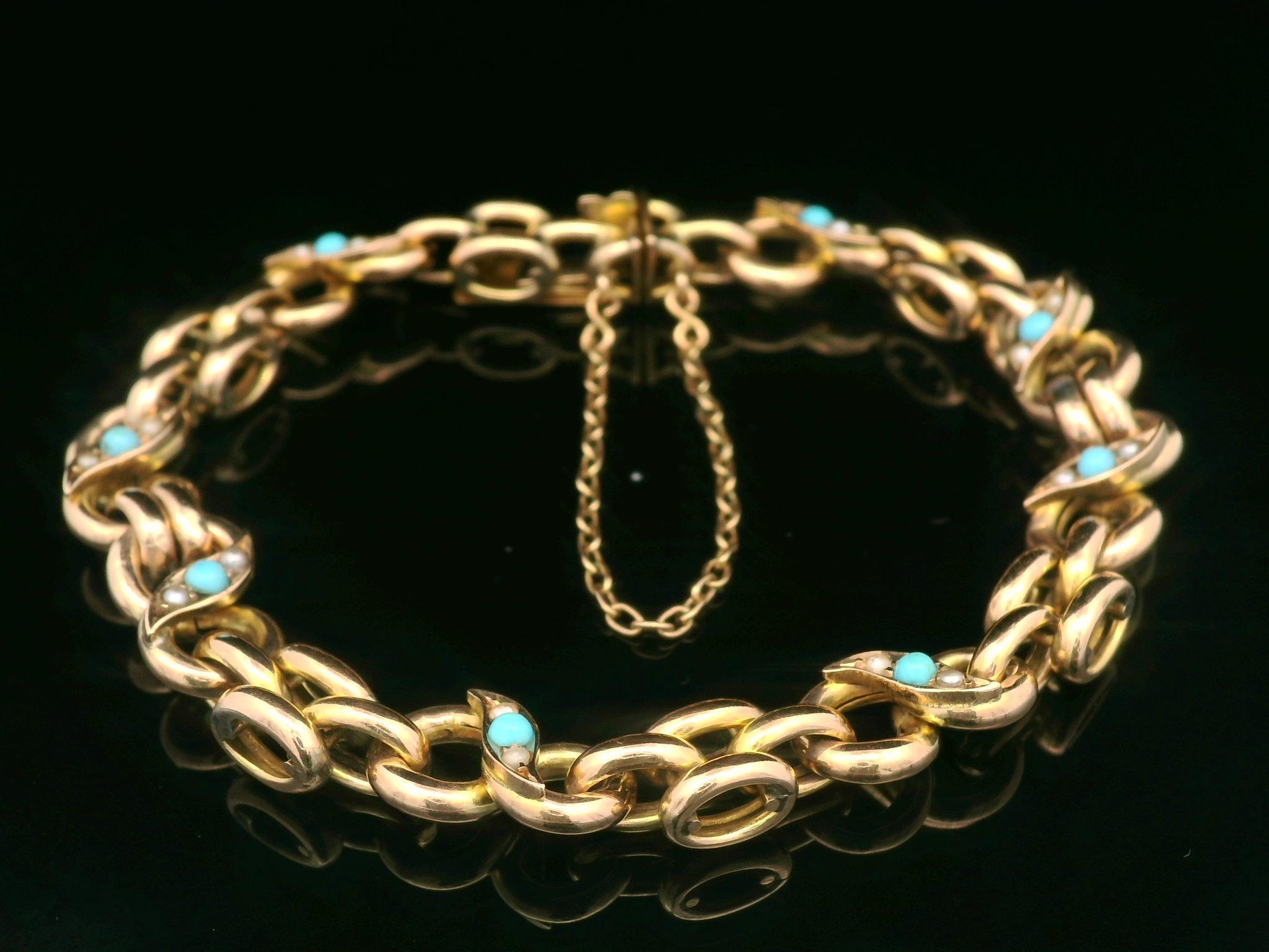 Bracelet à maillons infinis vintage en or jaune rosé 9 carats, turquoise et perles naturelles Bon état - En vente à Montclair, NJ