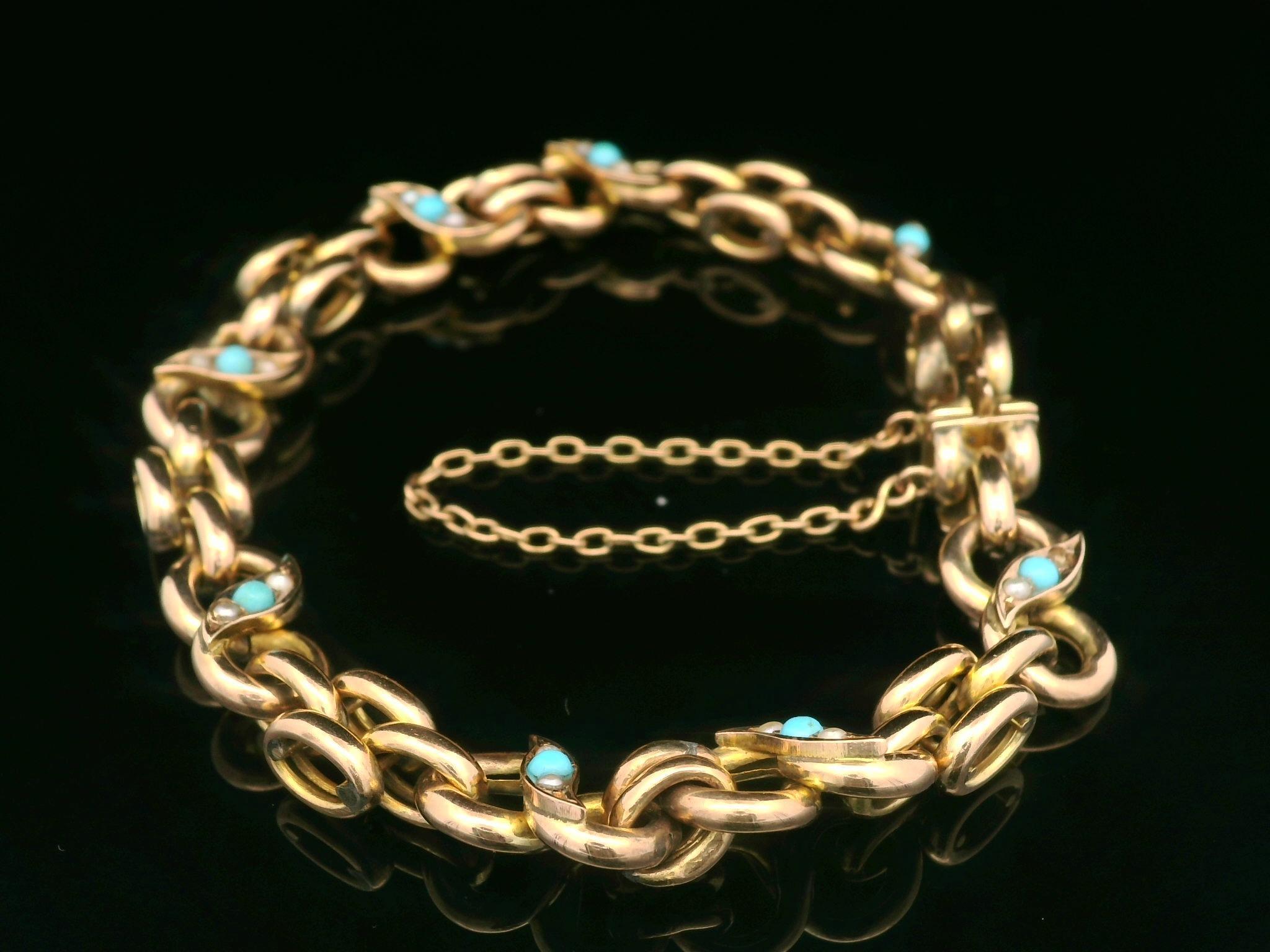 Bracelet à maillons infinis vintage en or jaune rosé 9 carats, turquoise et perles naturelles Pour femmes en vente