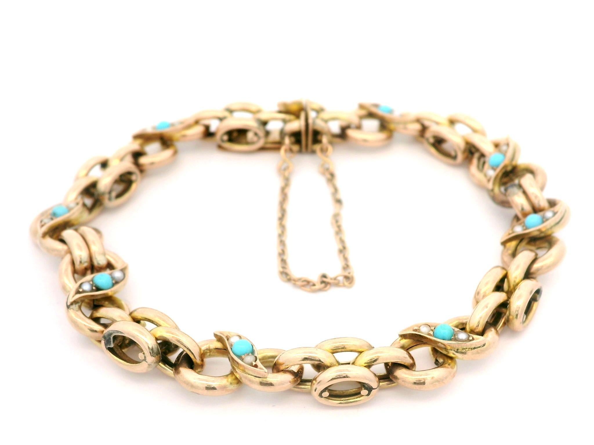 Bracelet à maillons infinis vintage en or jaune rosé 9 carats, turquoise et perles naturelles en vente 1