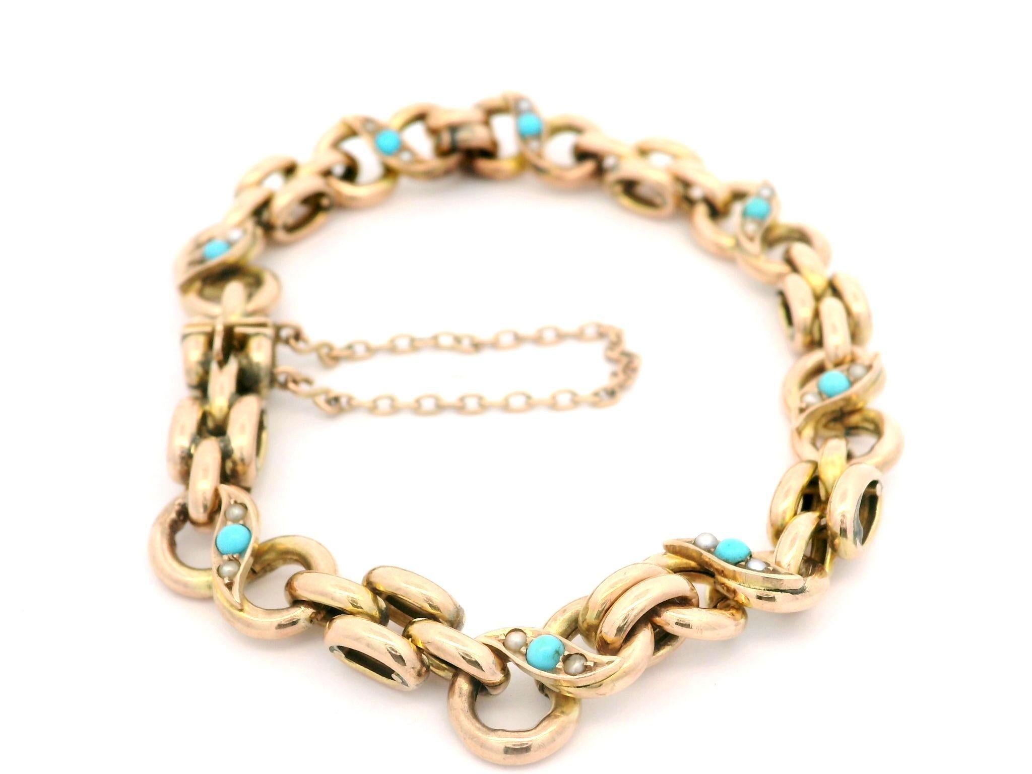 Bracelet à maillons infinis vintage en or jaune rosé 9 carats, turquoise et perles naturelles en vente 2