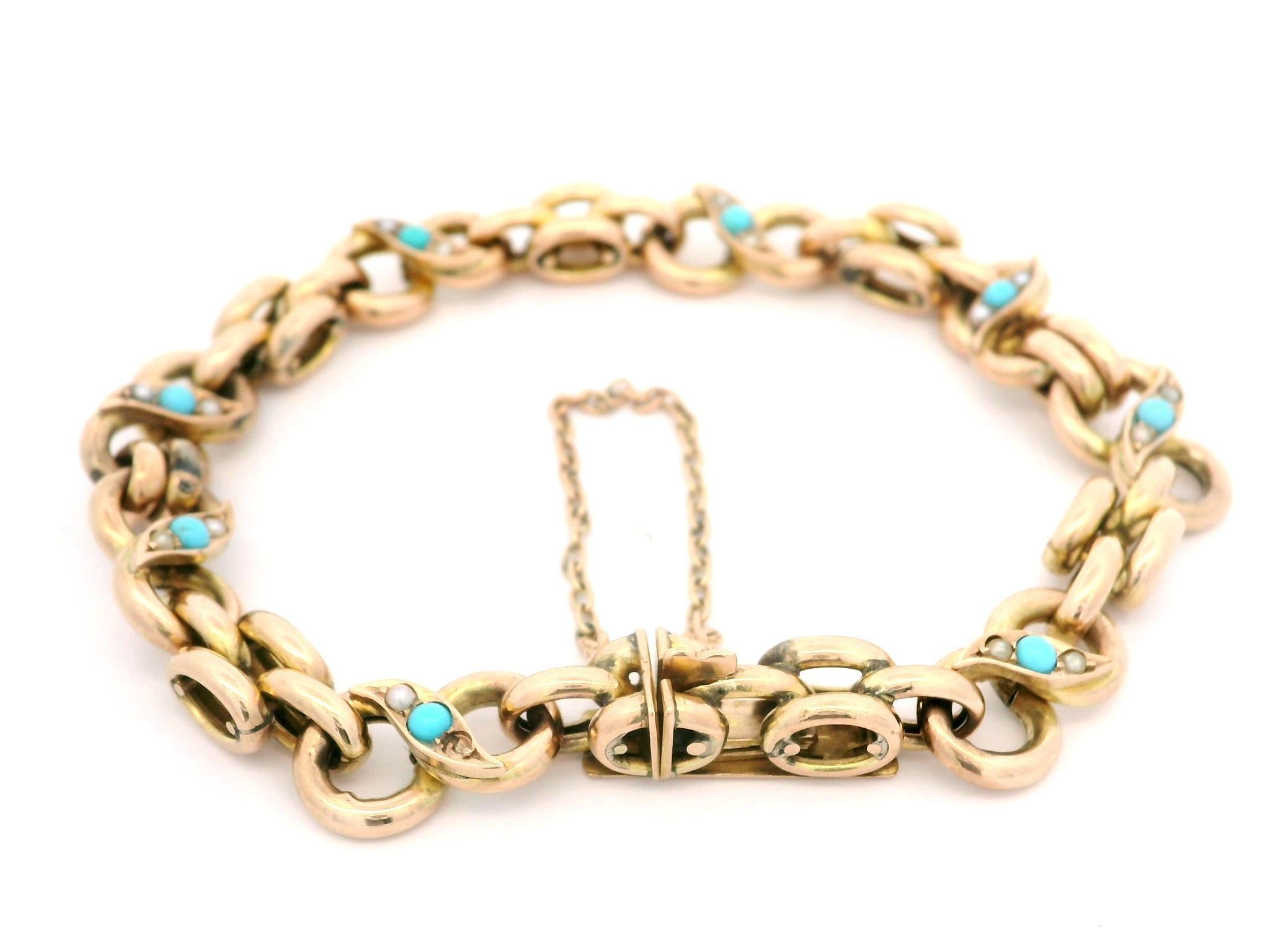 Bracelet à maillons infinis vintage en or jaune rosé 9 carats, turquoise et perles naturelles en vente 3