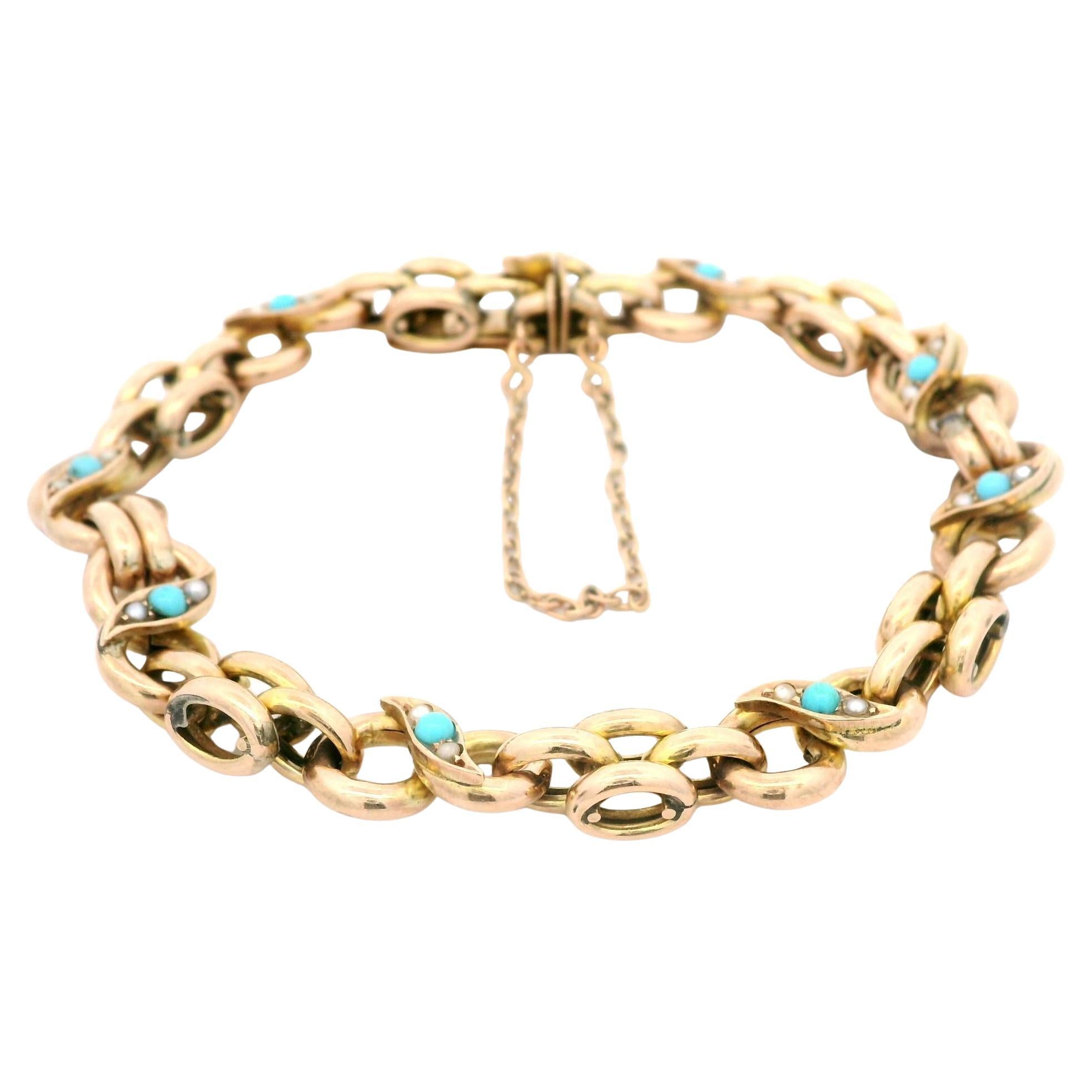 Bracelet à maillons infinis vintage en or jaune rosé 9 carats, turquoise et perles naturelles