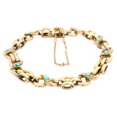 Pulsera vintage de cadena de eslabones infinita de oro amarillo rosado de 9k con turquesa y perlas de siembra