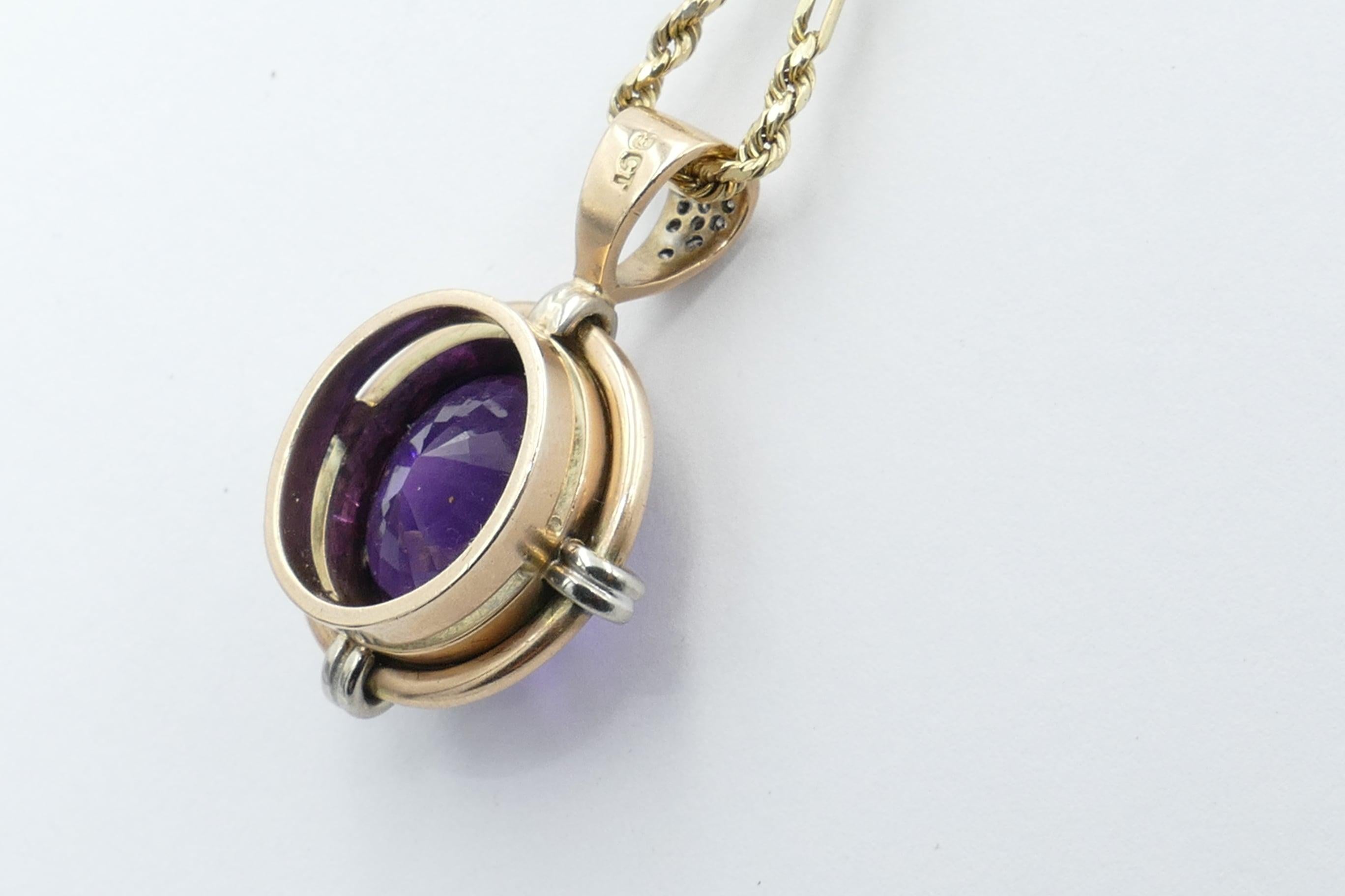 Vintage 9 Karat Rosy Yellow /White Gold Amethyst and Diamond Pendant In Excellent Condition In Splitter's Creek, NSW