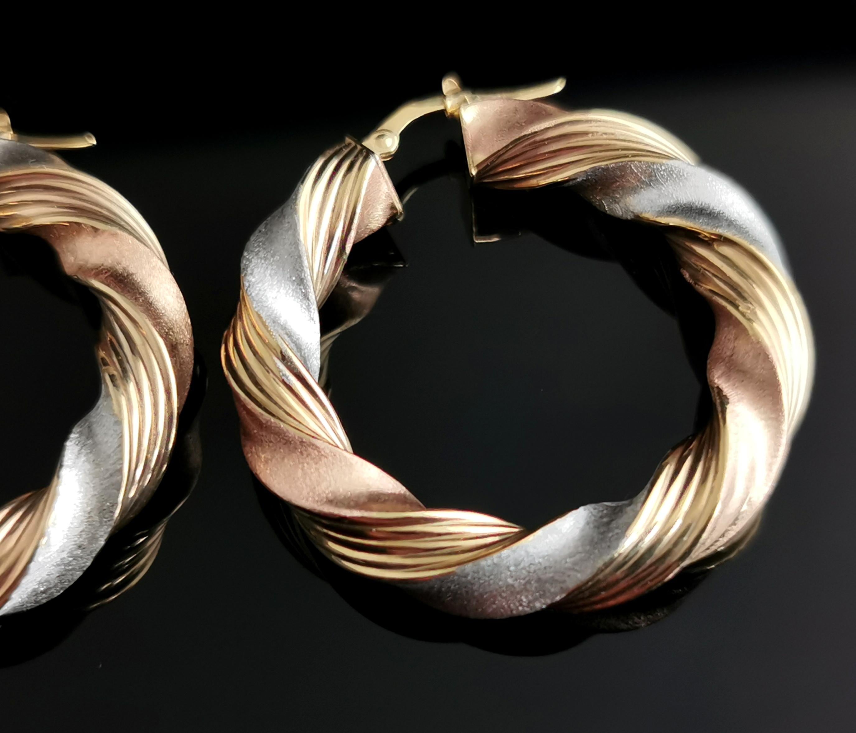 Vintage 9k Tri Colour Gold Twist Hoop Earrings 4