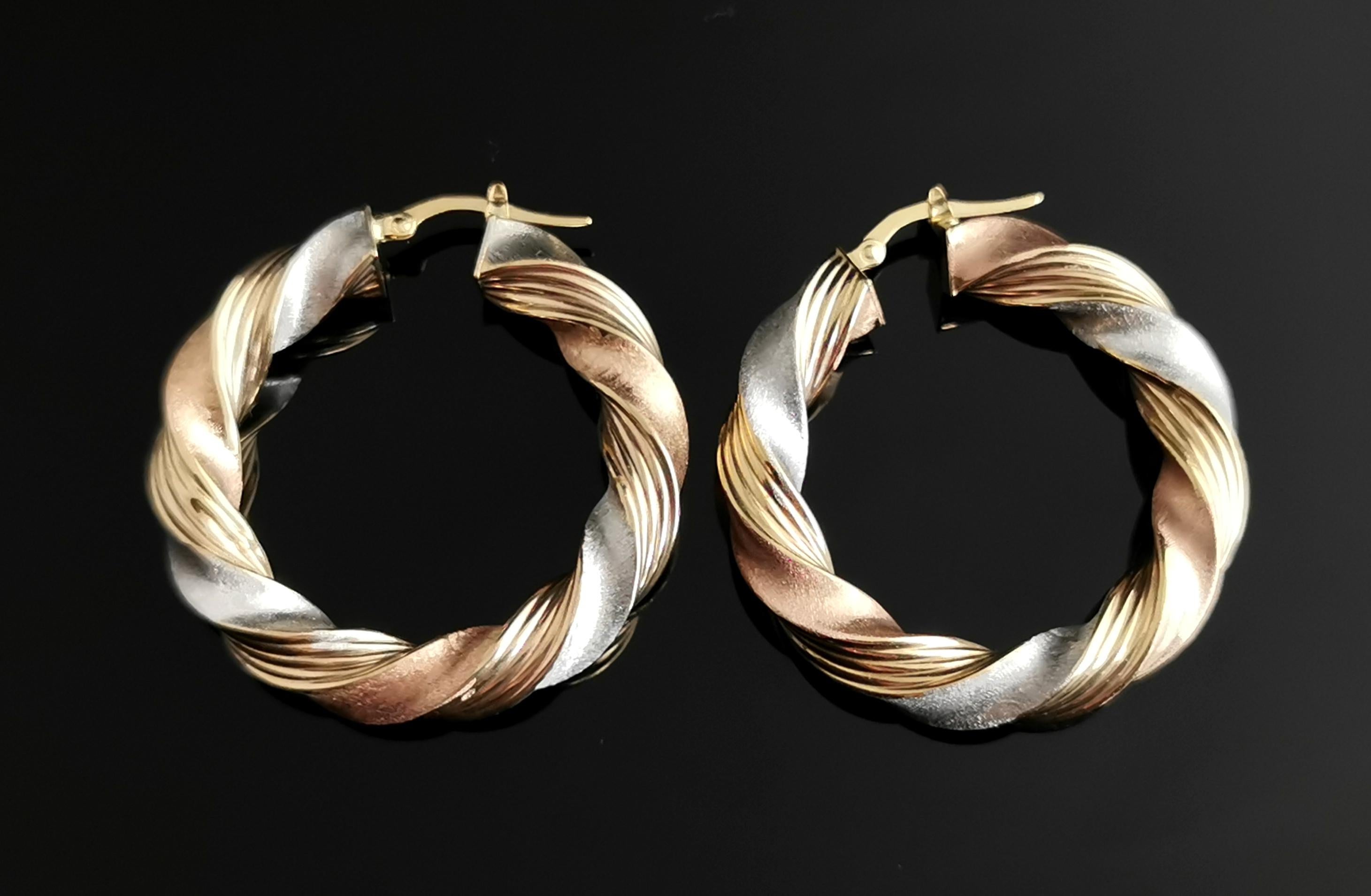 Vintage 9k Tri Colour Gold Twist Hoop Earrings 5