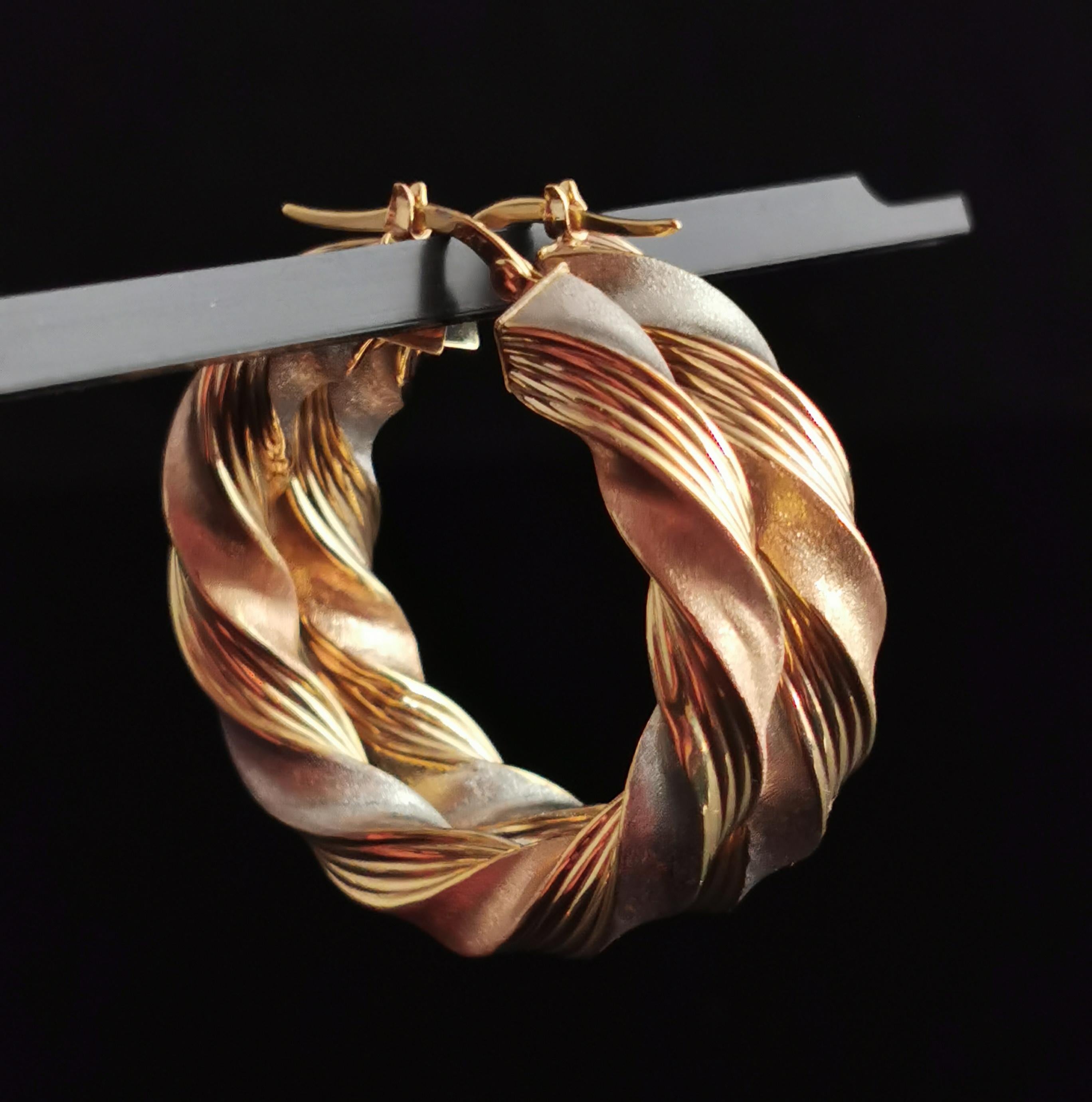 Retro Vintage 9k Tri Colour Gold Twist Hoop Earrings