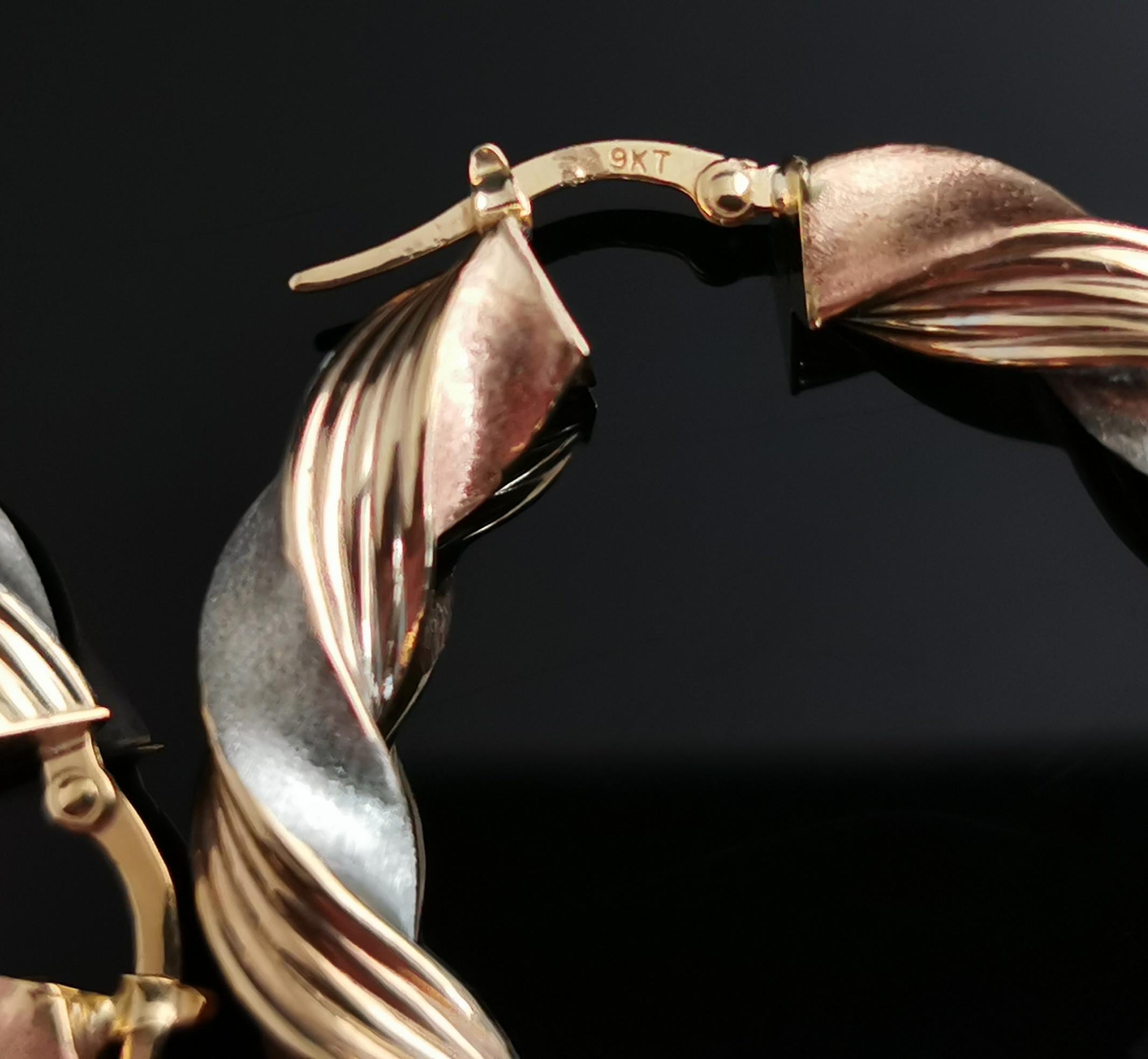 Vintage 9k Tri Colour Gold Twist Hoop Earrings 1