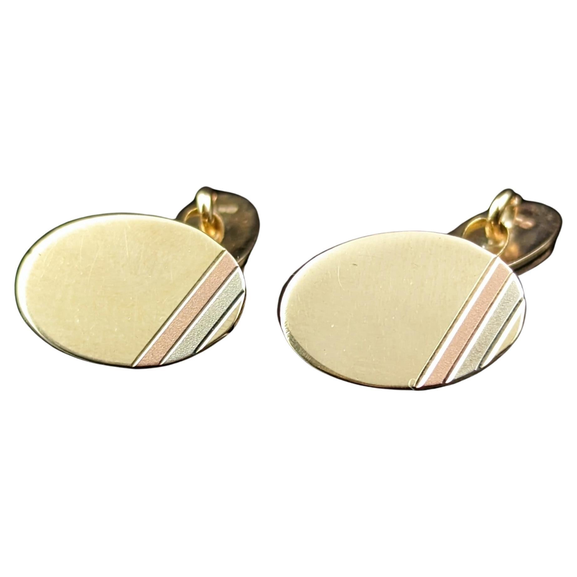 Boutons de manchette vintage en or tricolore 9 carats, boîte 