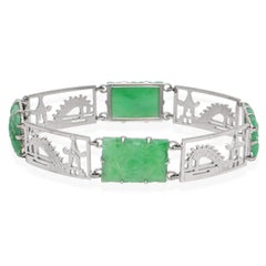 Vintage 9k White Gold Carved Green Jade Bracelet