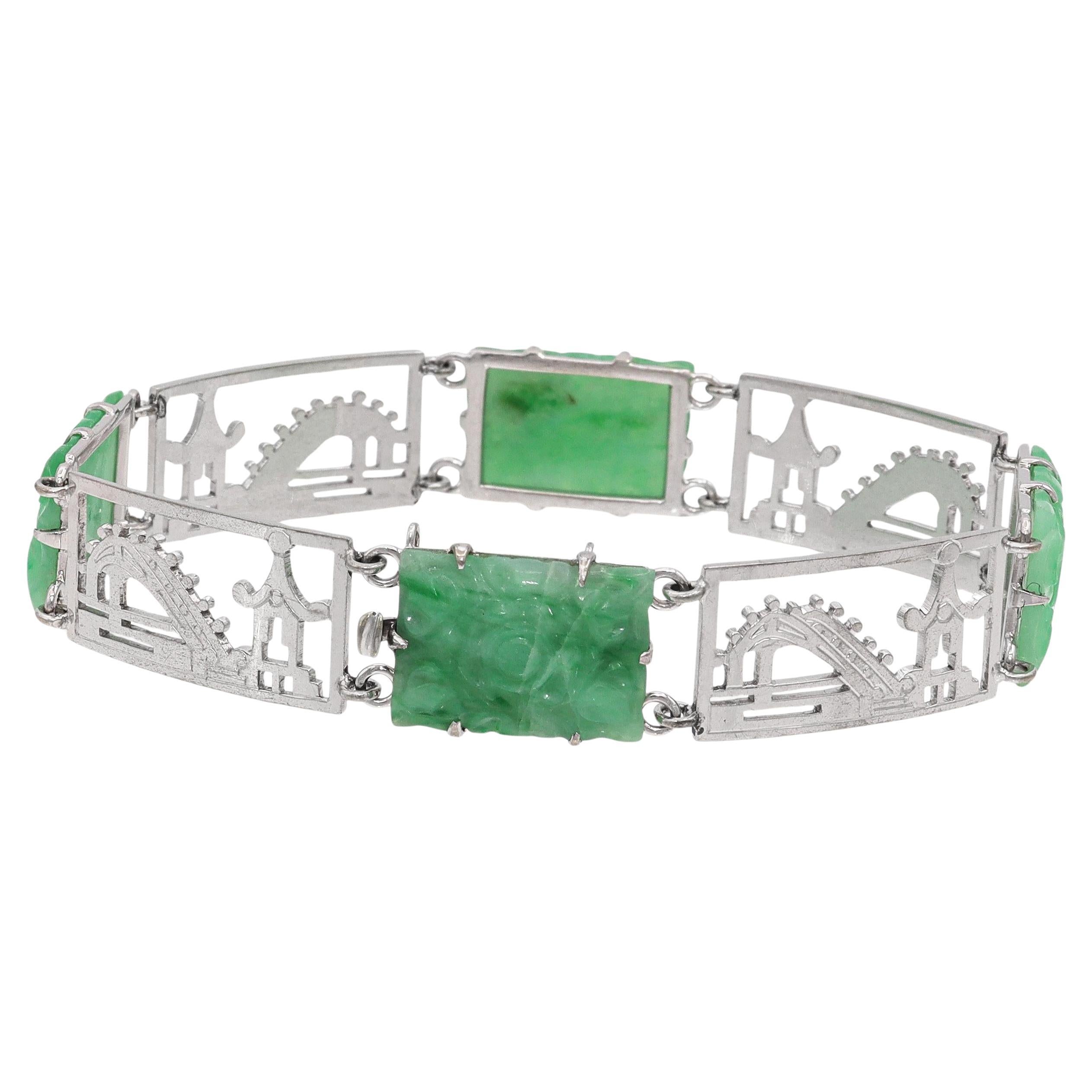 Vintage 9k White Gold Carved Green Jade Bracelet For Sale