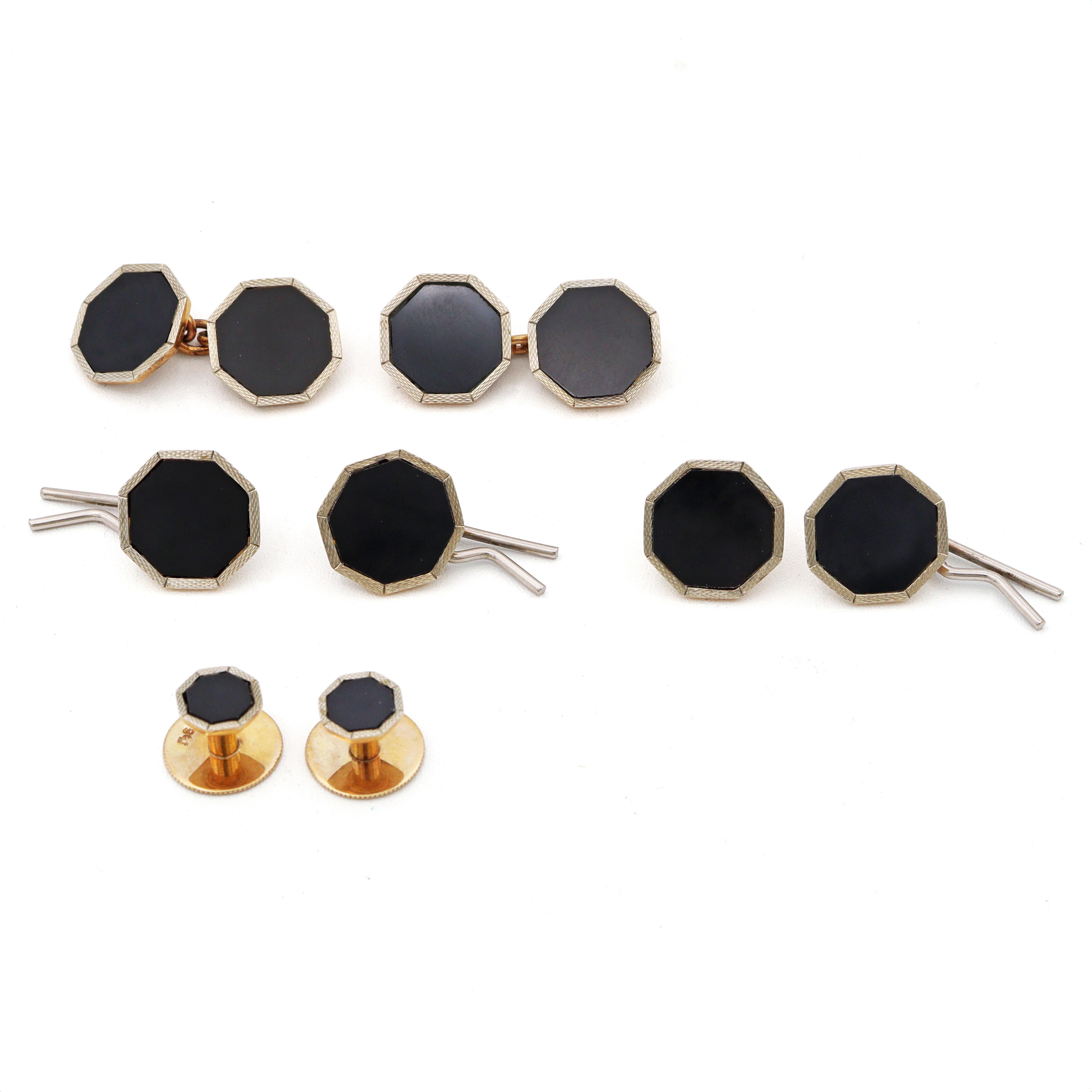 Vintage 9k Gelbgold und Onyx Herren Manschettenknöpfe & Shirt Studs Set (Gemischter Schliff) im Angebot