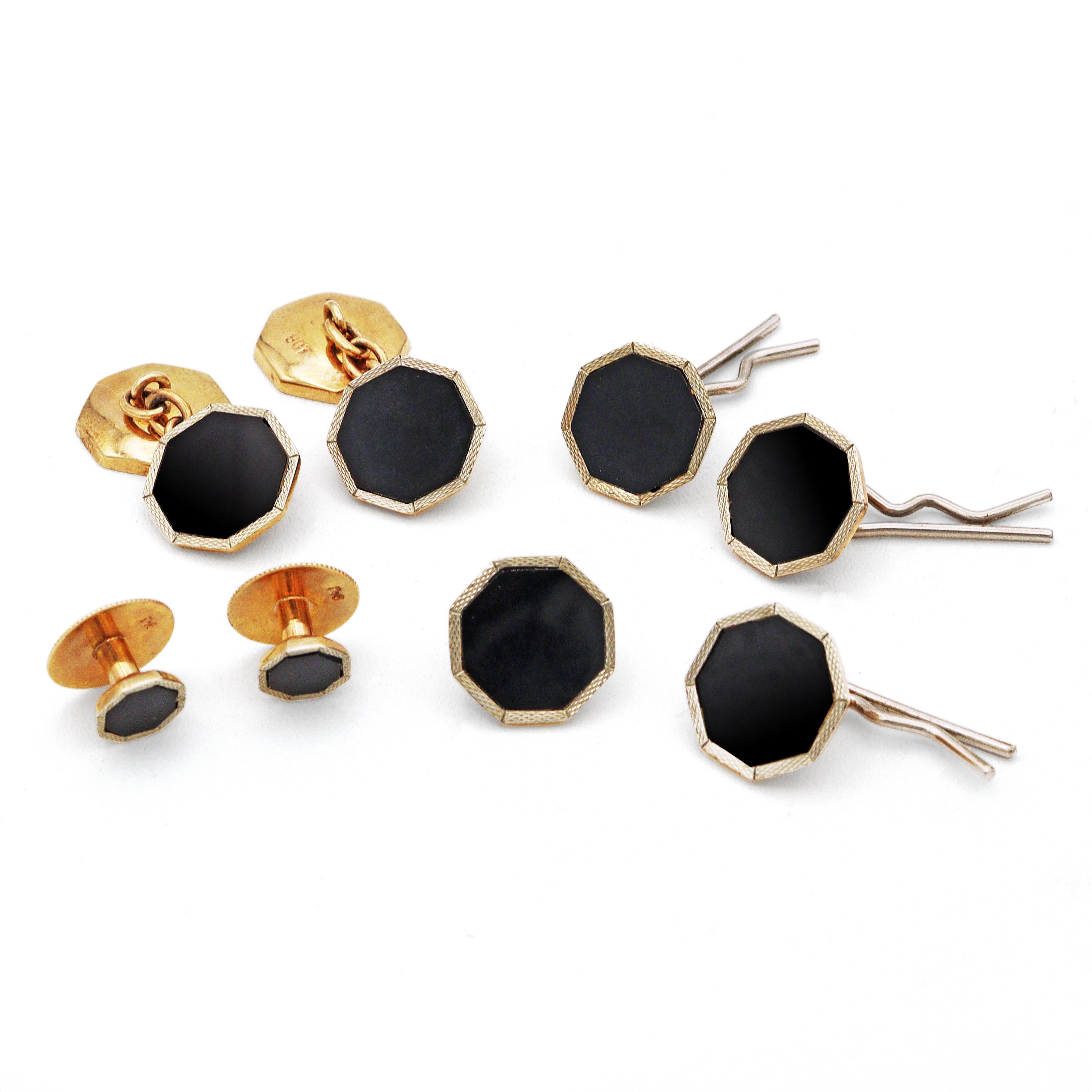 Vintage 9k Gelbgold und Onyx Herren Manschettenknöpfe & Shirt Studs Set im Zustand „Hervorragend“ im Angebot in New York, NY