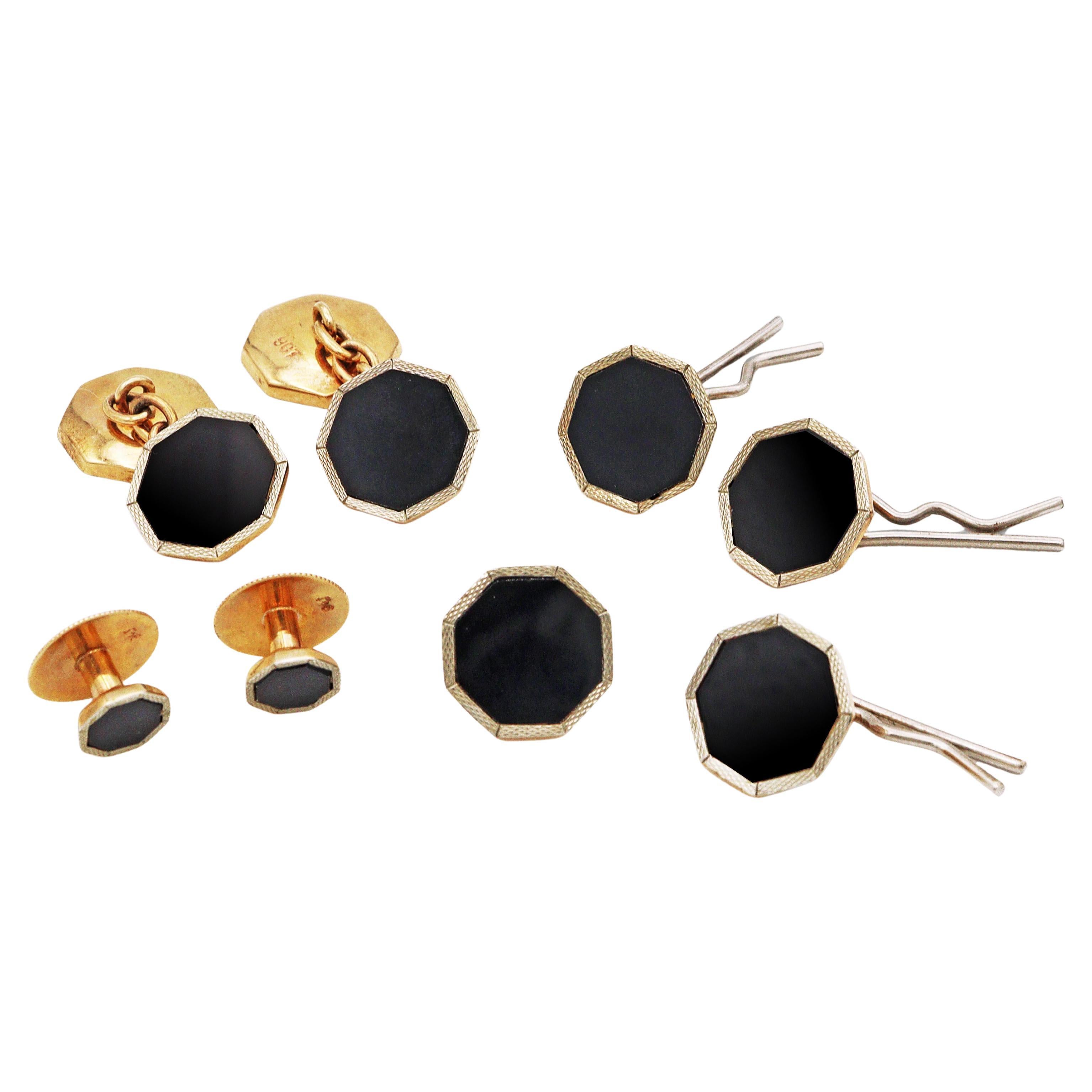 Vintage 9k Yellow Gold and Onyx Men's Cuff Links & Shirt Studs Set