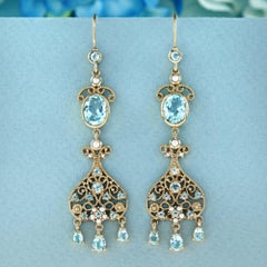 Vintage 9K Yellow Gold Blue Topaz Pearl Dangle Earrings, 8.87ct