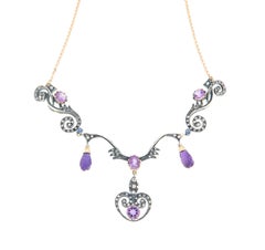 Vintage 9K Yellow Gold Diamond Amethyst Sapphire Grain Setting Choker Necklace