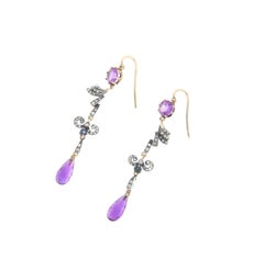 Vintage 9K Yellow Gold Diamond Amethyst Sapphire Grain Setting Drop Earring