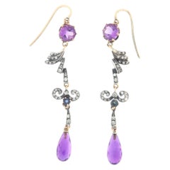 Vintage 9K Yellow Gold Diamond Amethyst Sapphire Grain Setting Drop Earring