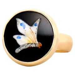 Vintage 9K Yellow Gold & Enameled Glass Butterfly Signet Style Ring