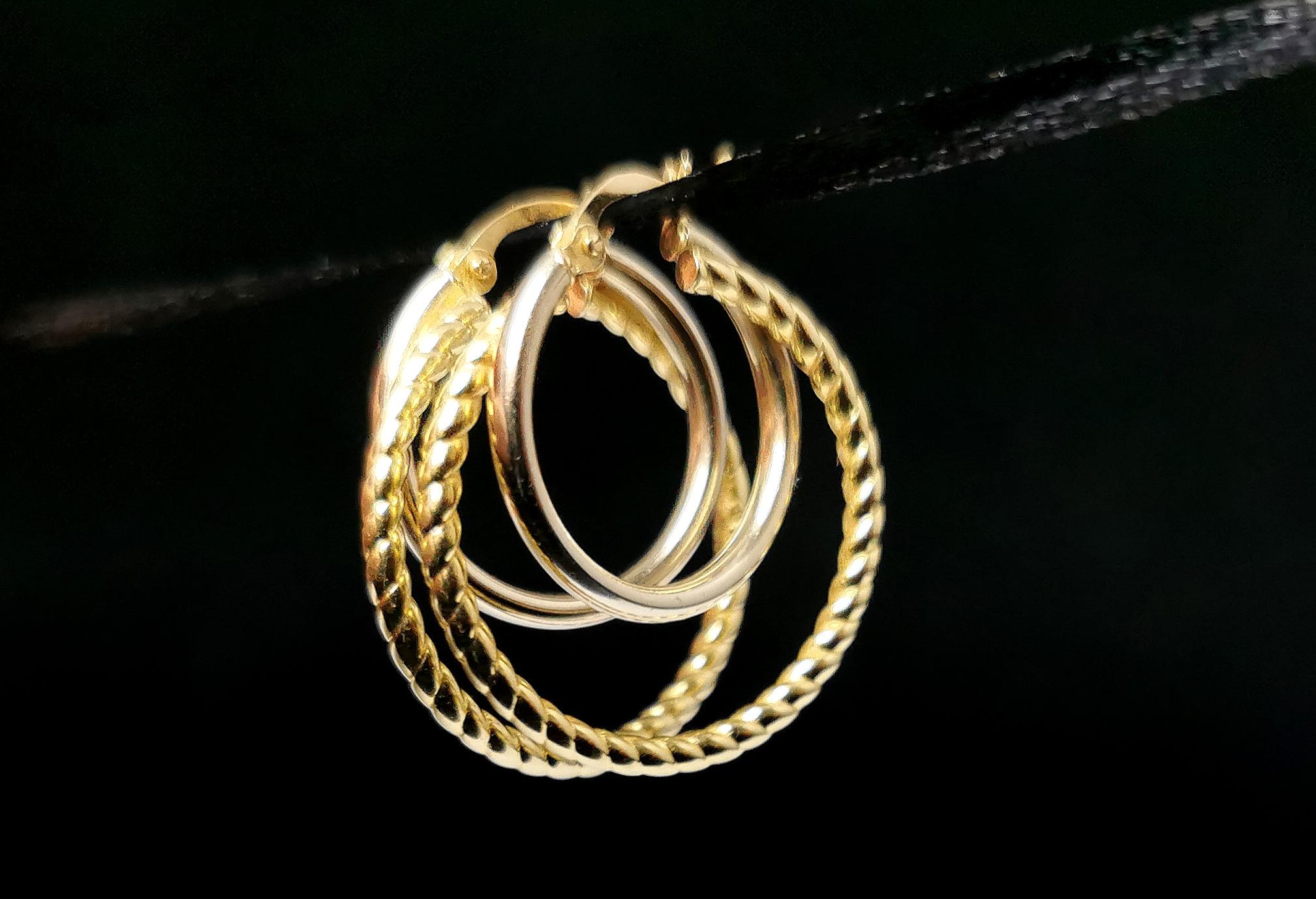 Vintage 9k Yellow Gold Hoop Earrings, Twist Double Hoop, c1990s 5
