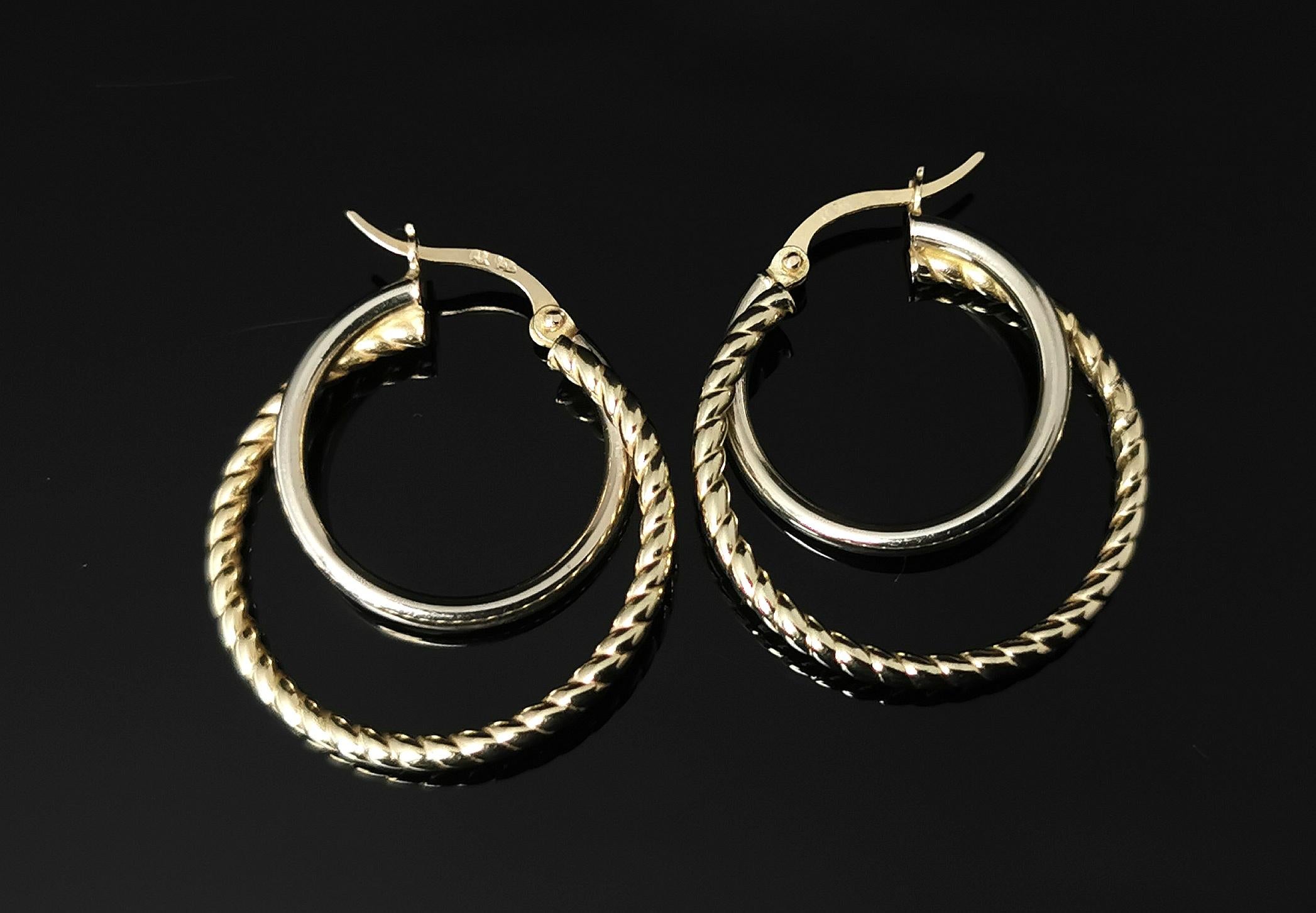 Modern Vintage 9k Yellow Gold Hoop Earrings, Twist Double Hoop, c1990s