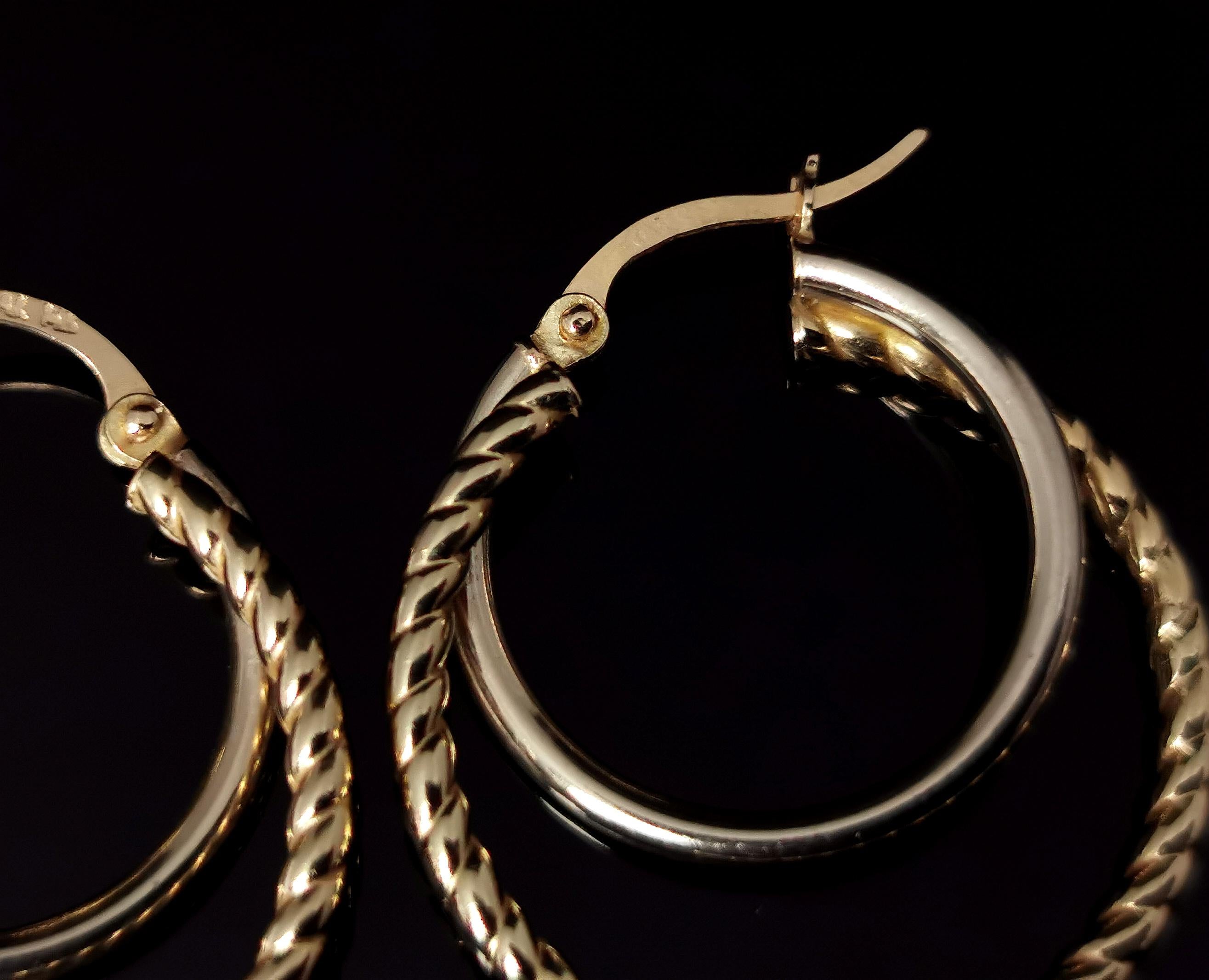 Vintage 9k Yellow Gold Hoop Earrings, Twist Double Hoop, c1990s In Good Condition In NEWARK, GB
