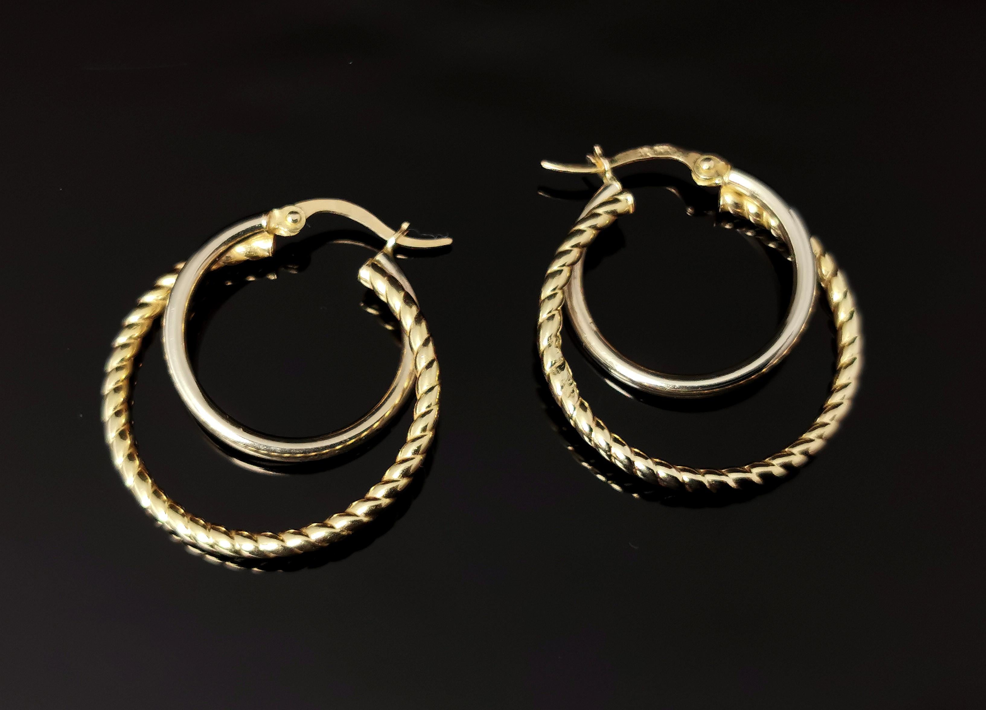 Vintage 9k Yellow Gold Hoop Earrings, Twist Double Hoop, c1990s 2