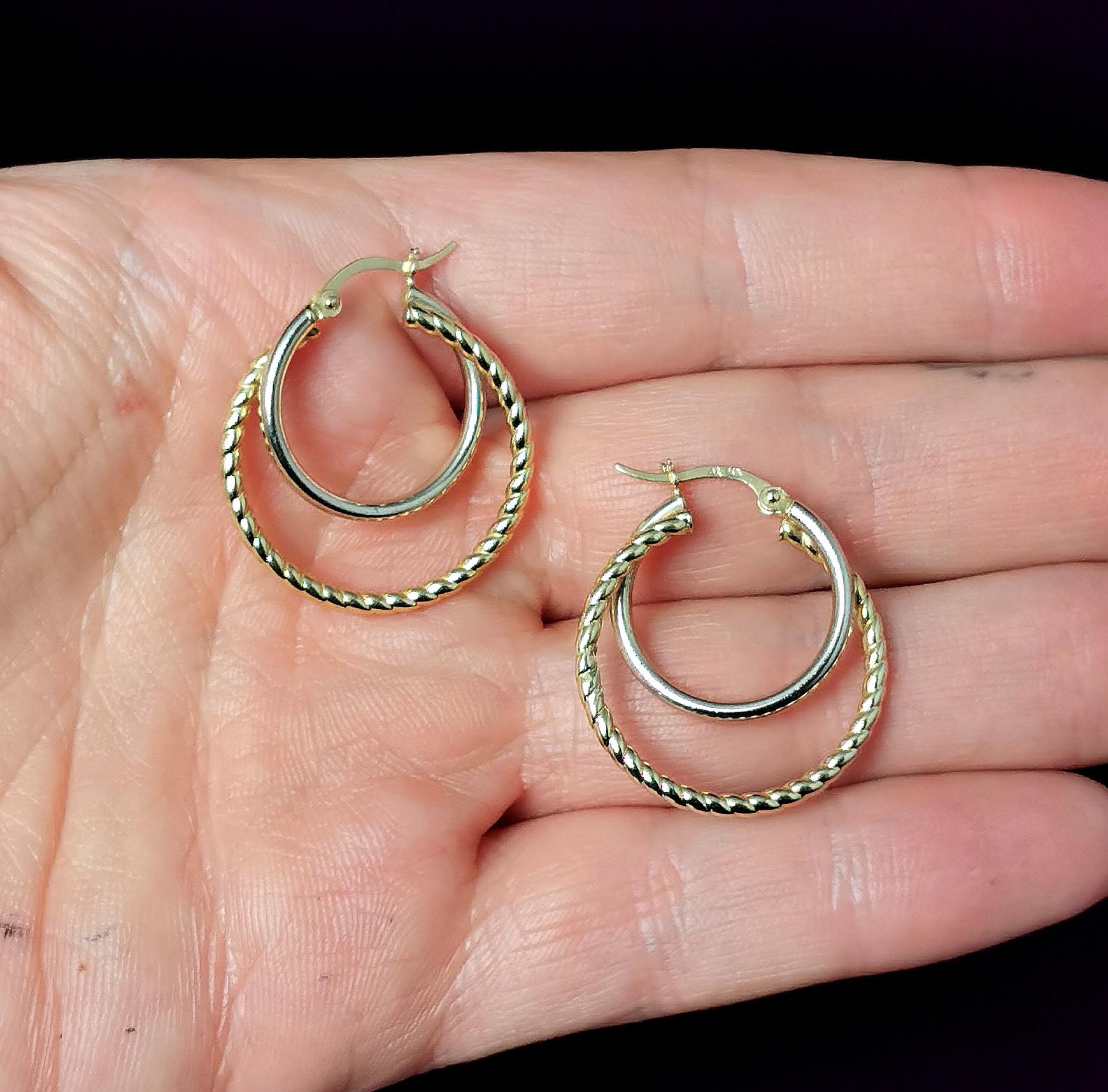 Vintage 9k Yellow Gold Hoop Earrings, Twist Double Hoop, c1990s 3
