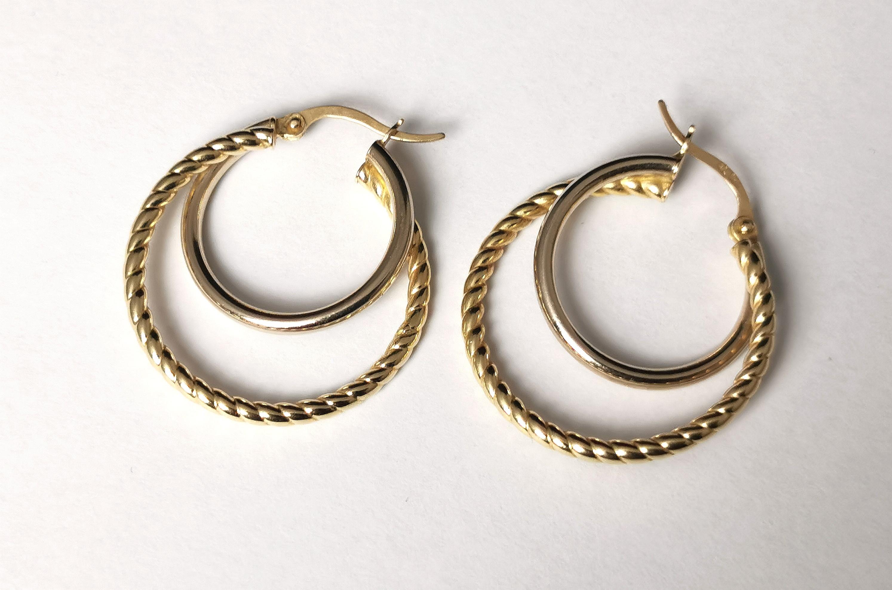 Vintage 9k Yellow Gold Hoop Earrings, Twist Double Hoop, c1990s 4