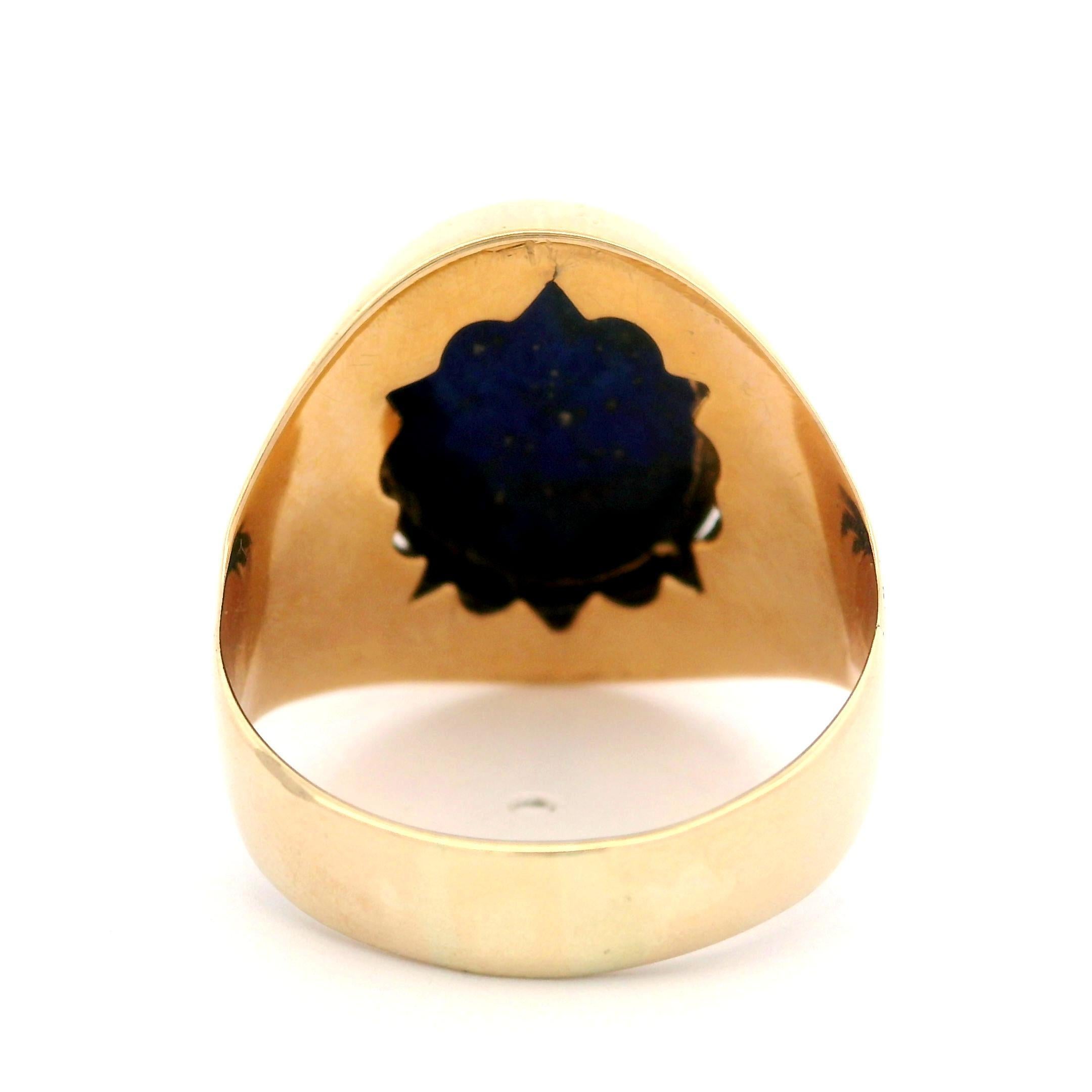 –Stone(s)–
(1) Natural Genuine Lapis Lazuli - Oval Cabochon - Multi Prong Set - Deep Blue Color w/ Gold Flecks - 13.58 x 11.20mm (approx.)

Material: 9k Yellow Gold
Weight: 6.14 Grams
Ring Size: 8.0 ( fitted on finger, please contact us prior to