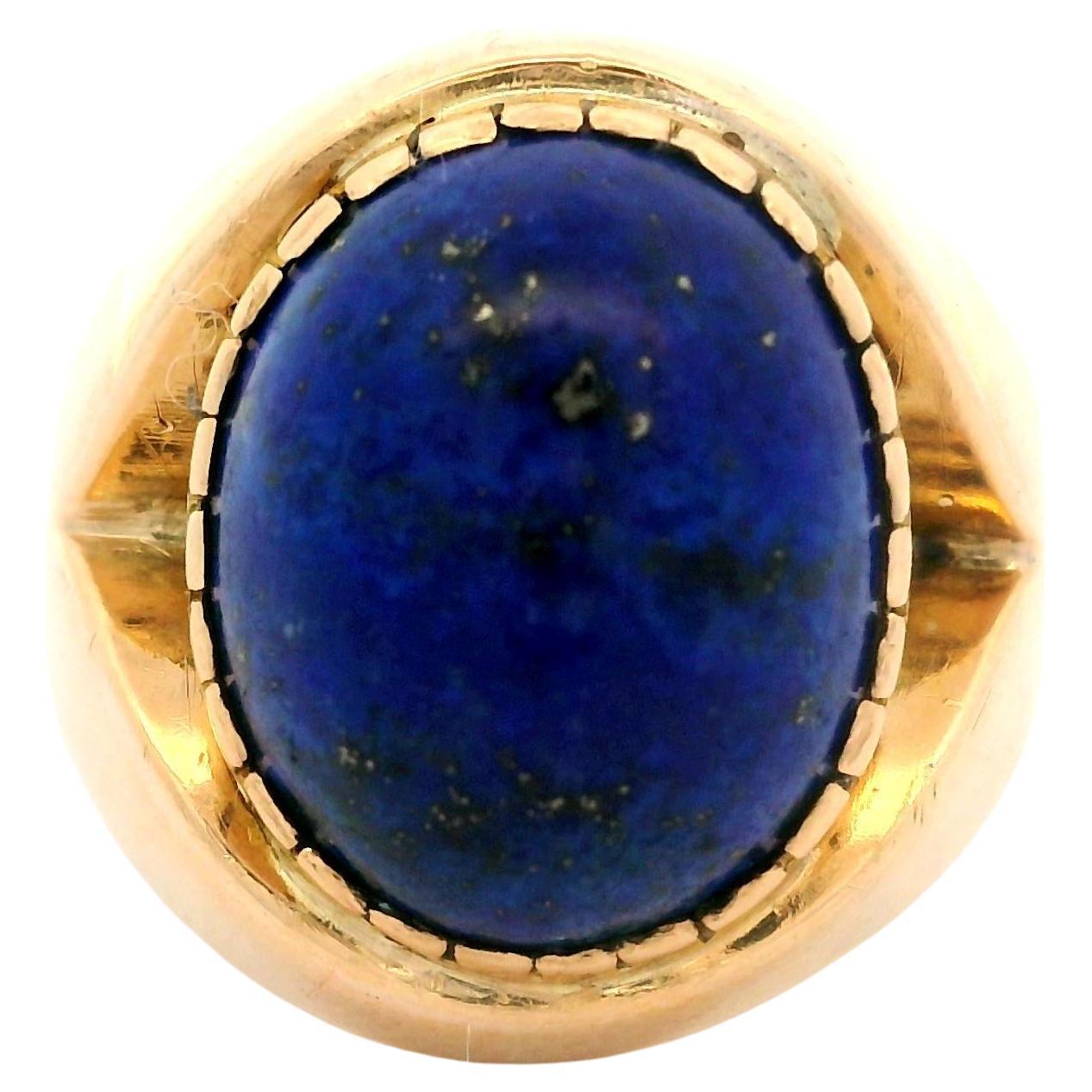 Vintage 9k Yellow Gold Lapis Lazuli Polished Wide Soliatire Ring Size 8 For Sale