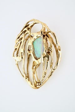 Vintage 9 Karat Yellow Gold Opal Modernist Freeform Brooch Pin