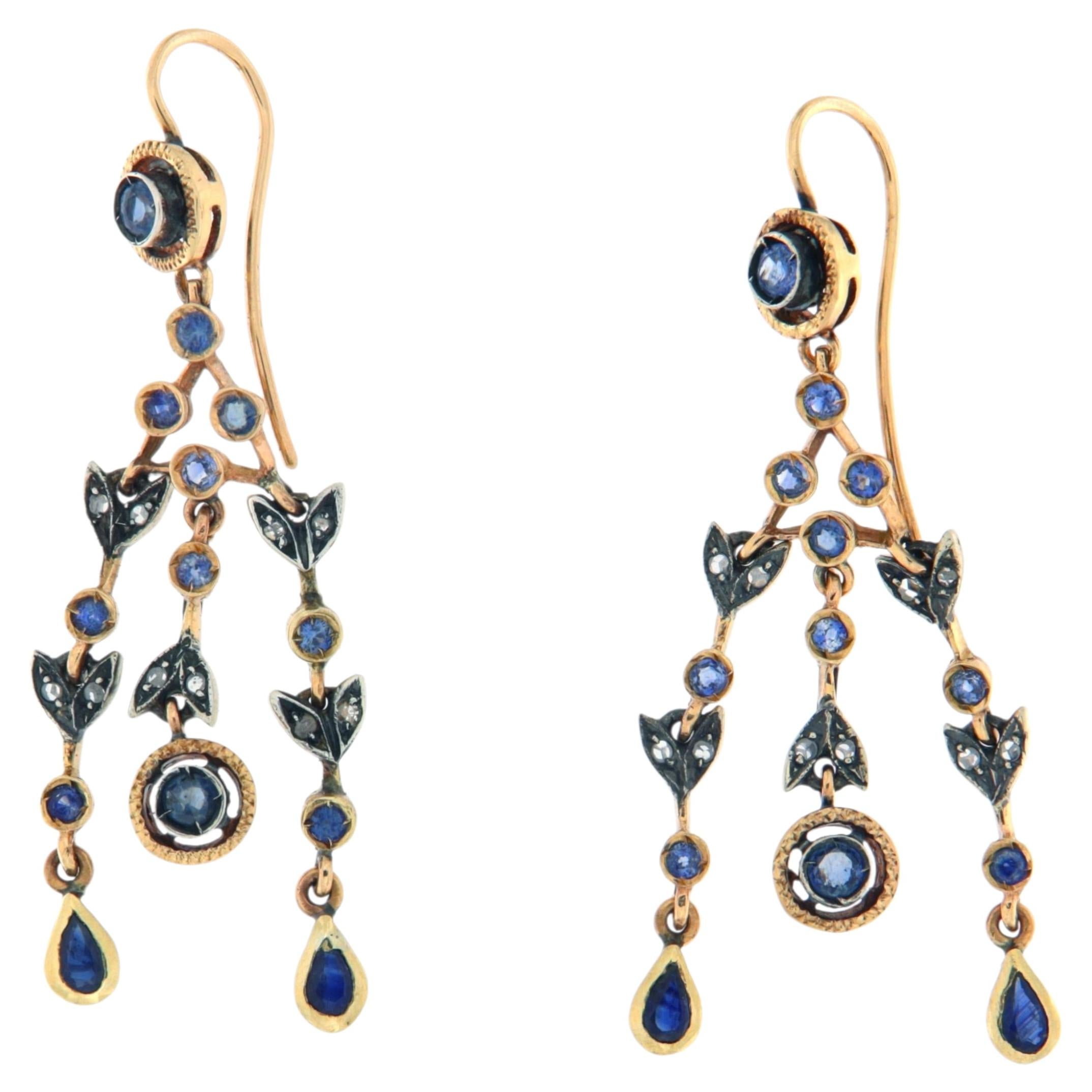Vintage 9K Yellow Gold Silver Diamond Sapphire Grain Setting Drop Earring