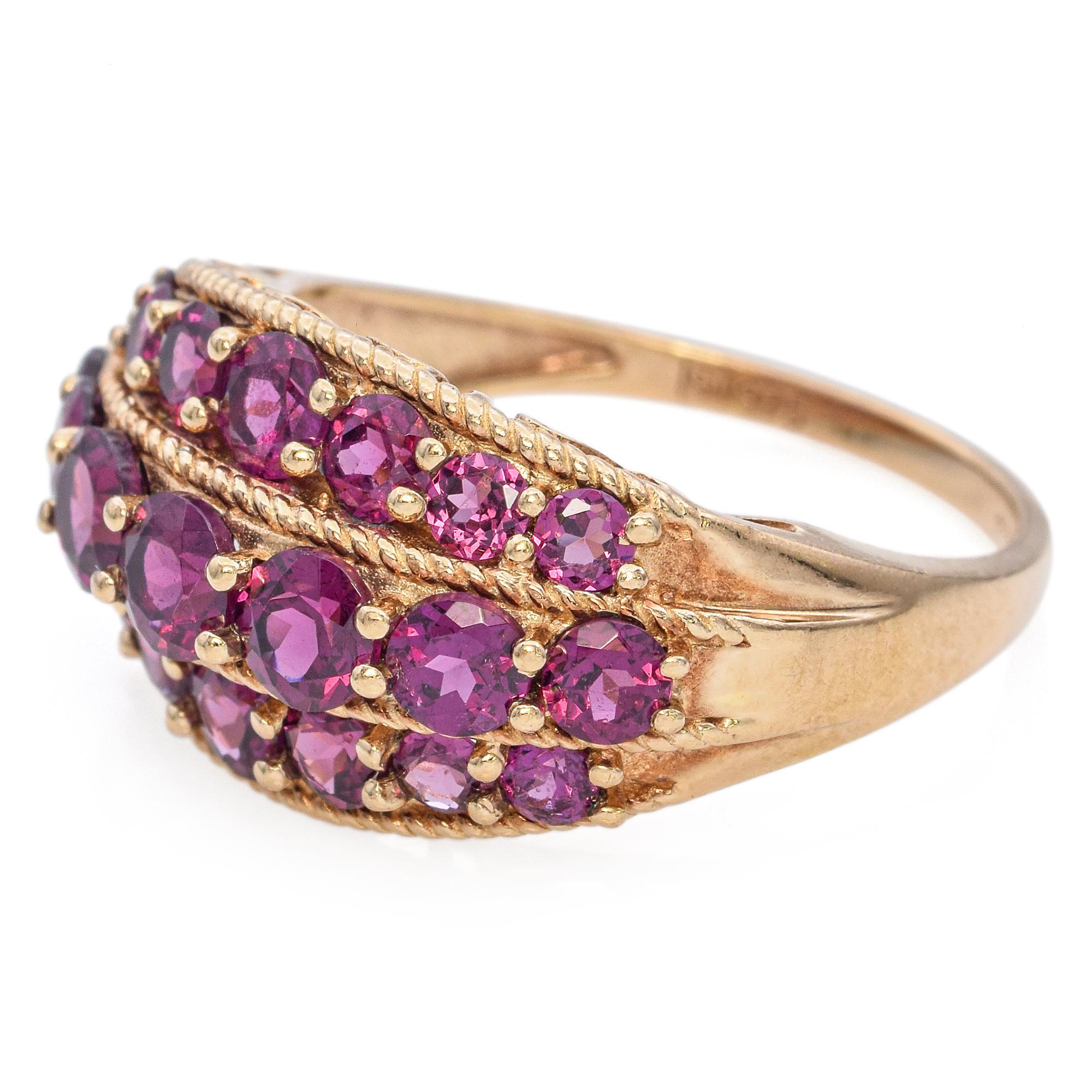 Round Cut Vintage 9K Yellow Gold Triple Row 1.67 TCW Garnet Ring