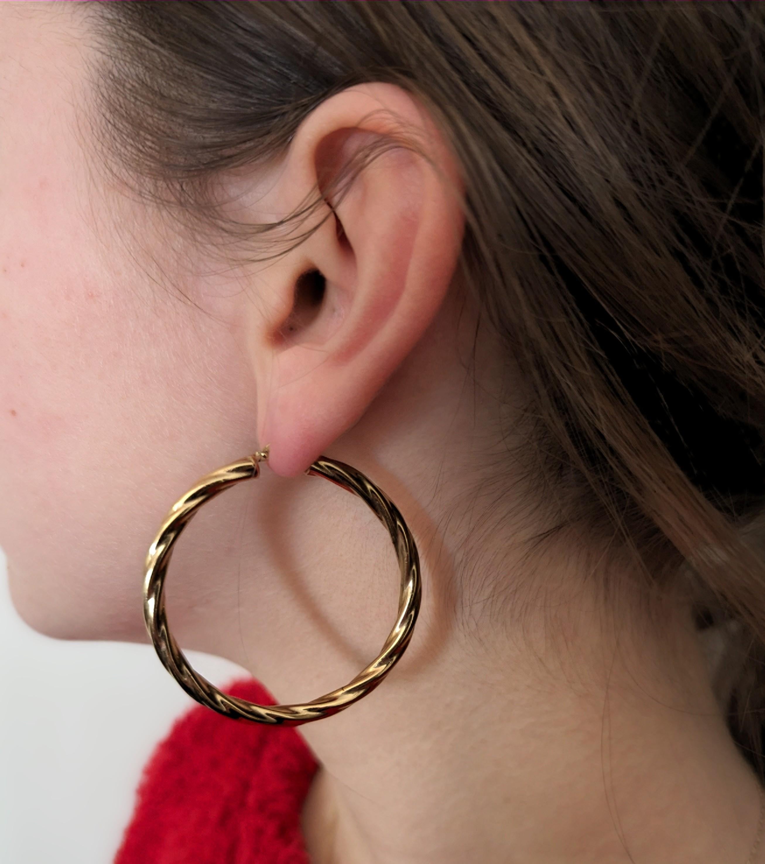 Vintage 9k yellow gold twist hoop earrings, Large hoops  For Sale 6