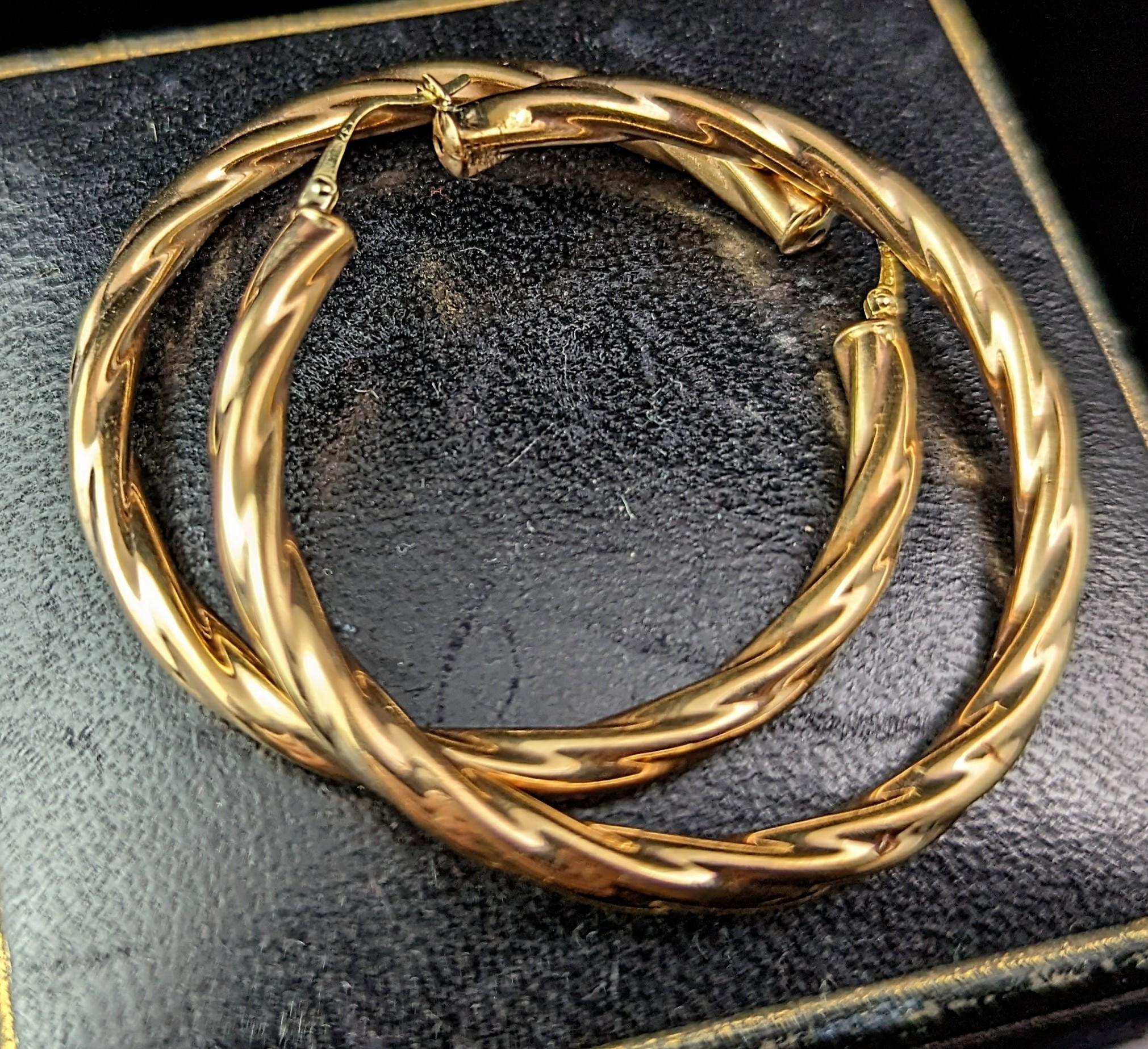 Modern Vintage 9k yellow gold twist hoop earrings, Large hoops  For Sale