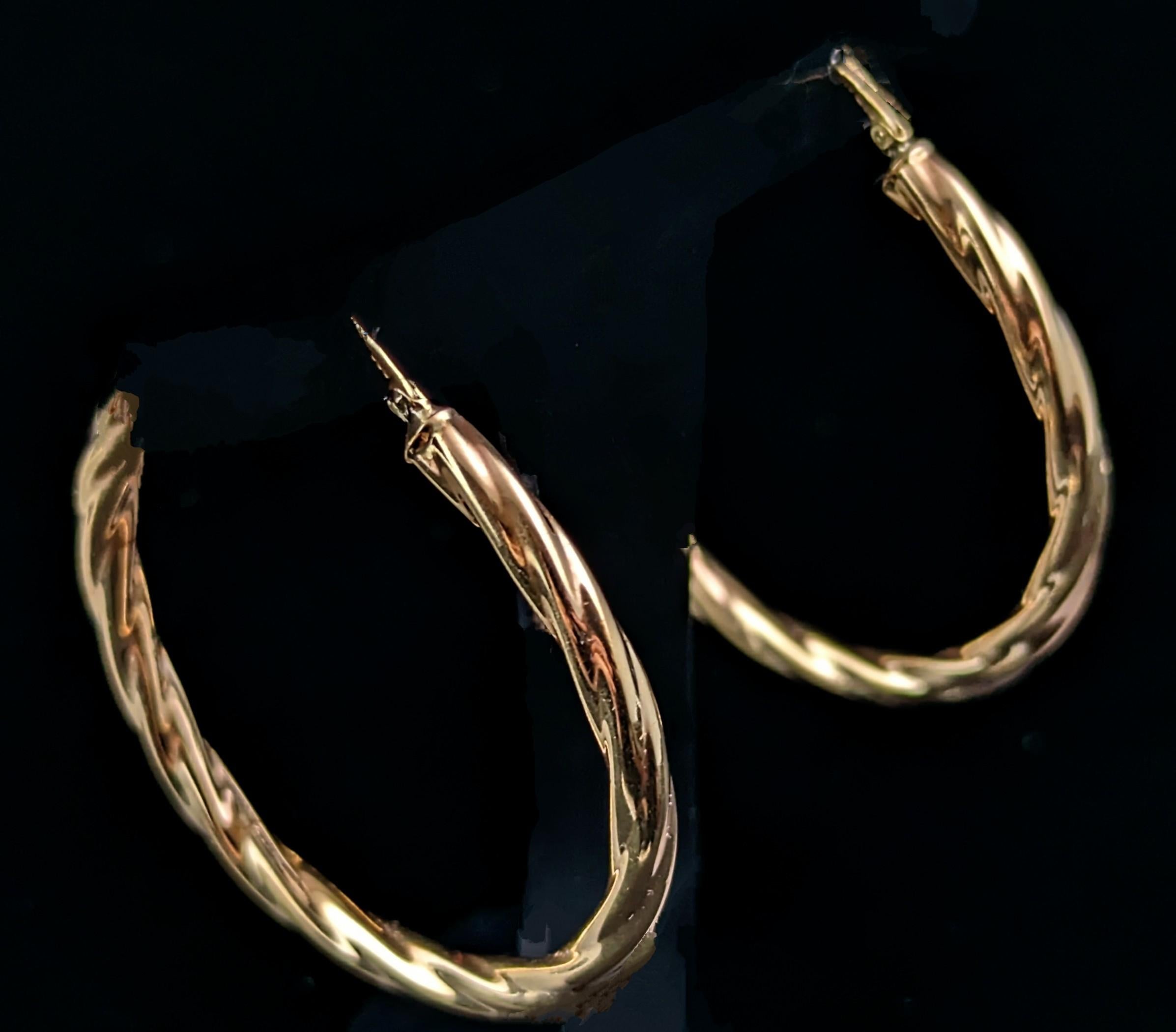 Vintage 9k yellow gold twist hoop earrings, Large hoops  For Sale 1