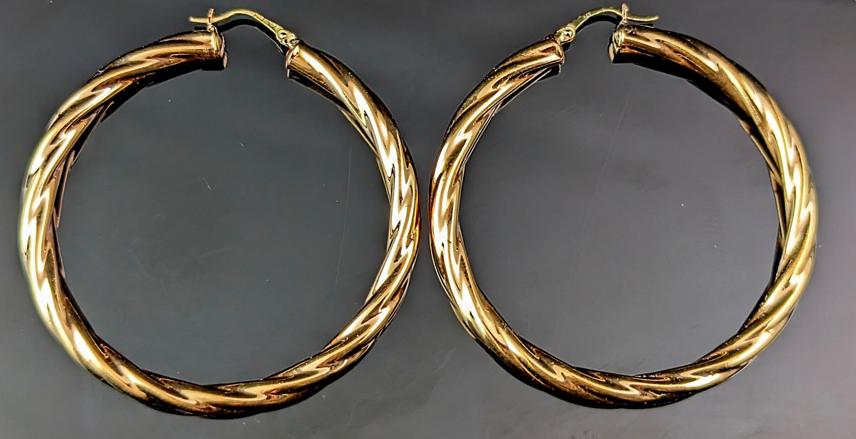 Vintage 9k yellow gold twist hoop earrings, Large hoops  For Sale 3