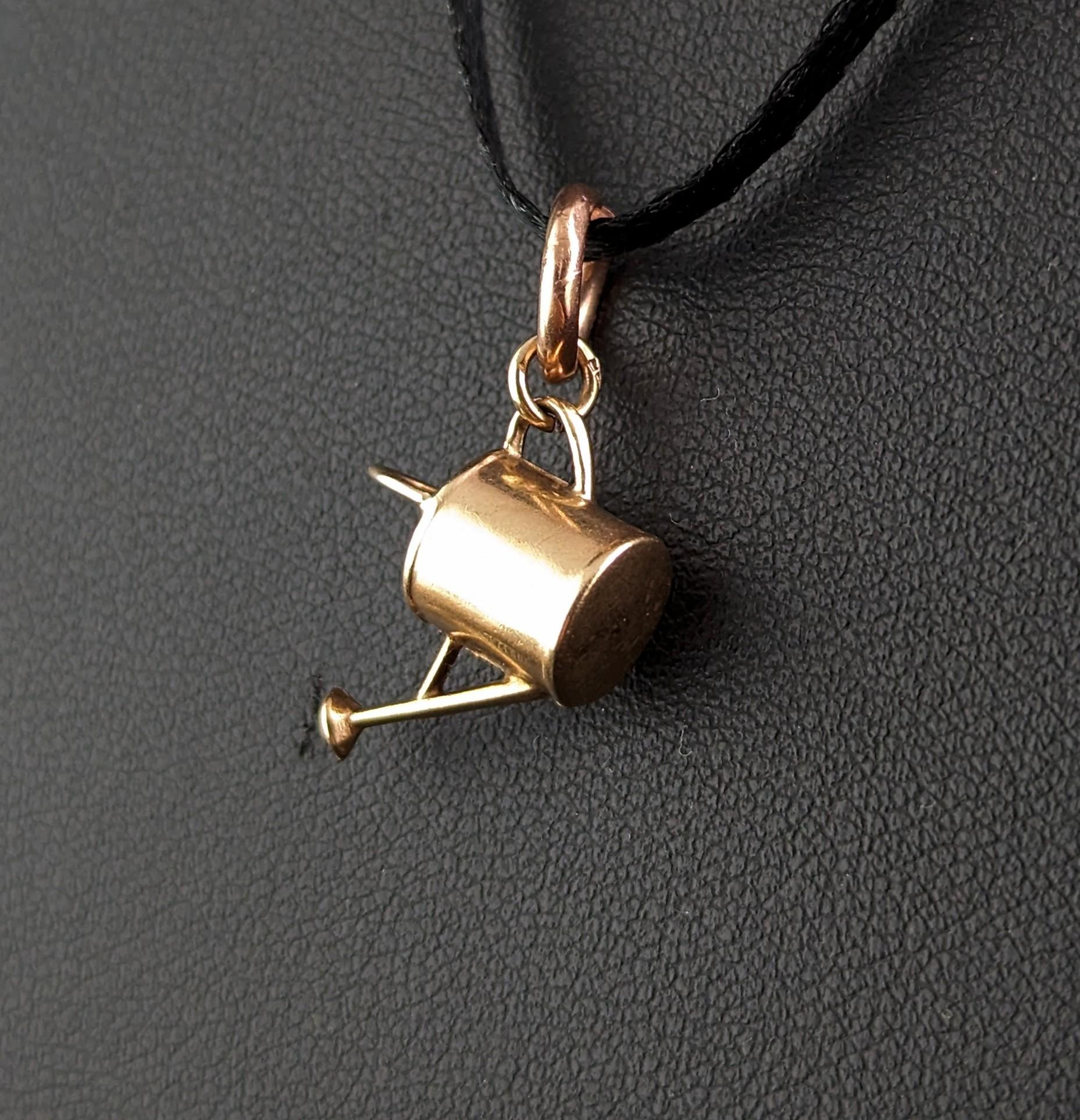 Women's or Men's Vintage 9k yellow gold watering can charm, pendant 