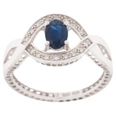 Retro 9kt White Gold Ring with Diamonds and Sapphire