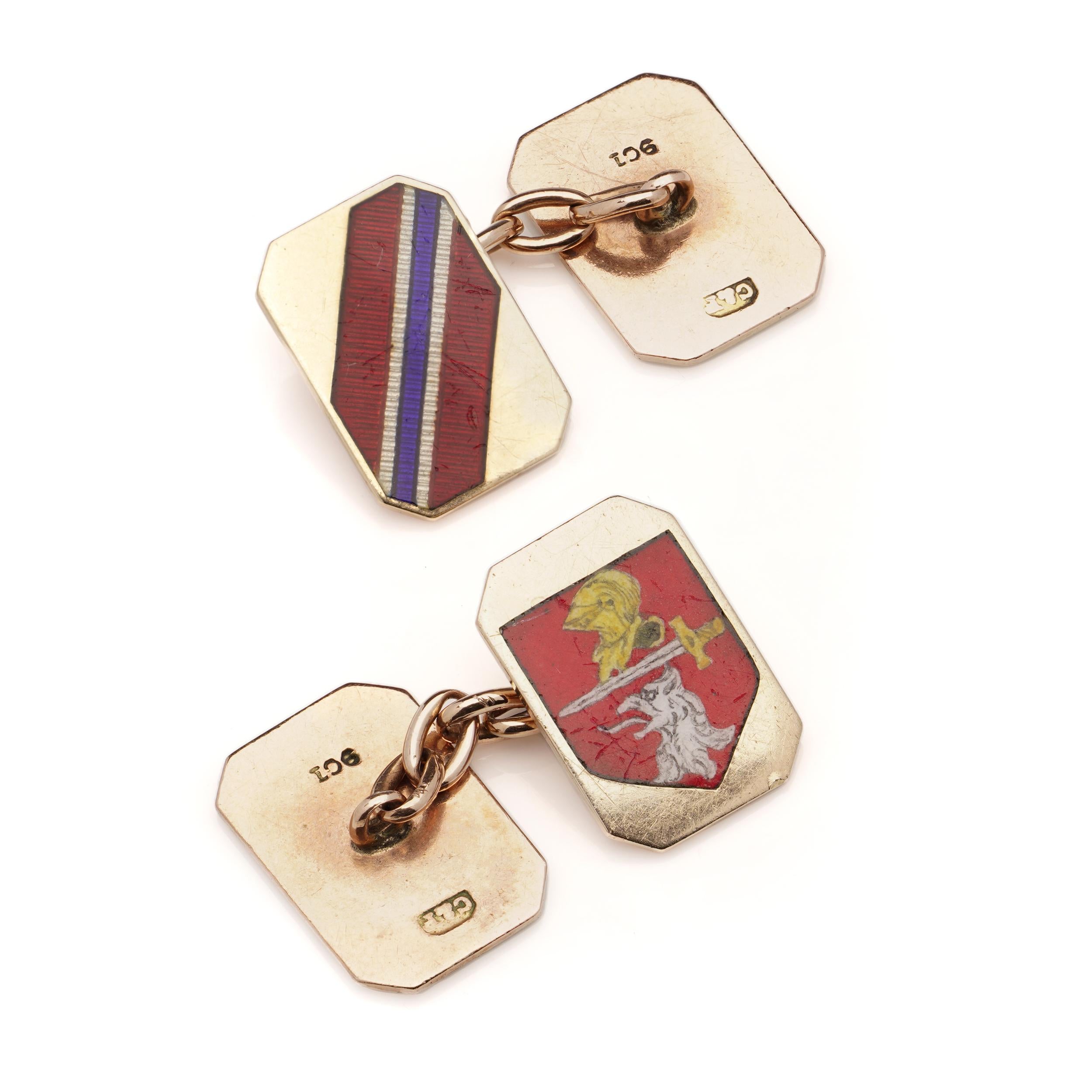 Vintage 9kt yellow gold and enamel  cufflinks with coat of arms In Good Condition For Sale In Braintree, GB