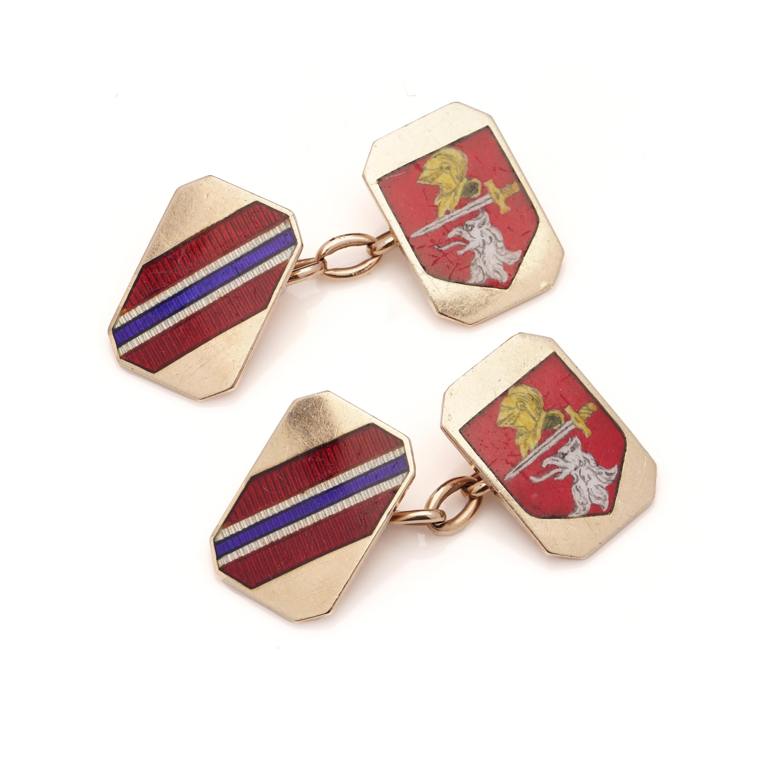 Men's Vintage 9kt yellow gold and enamel  cufflinks with coat of arms For Sale