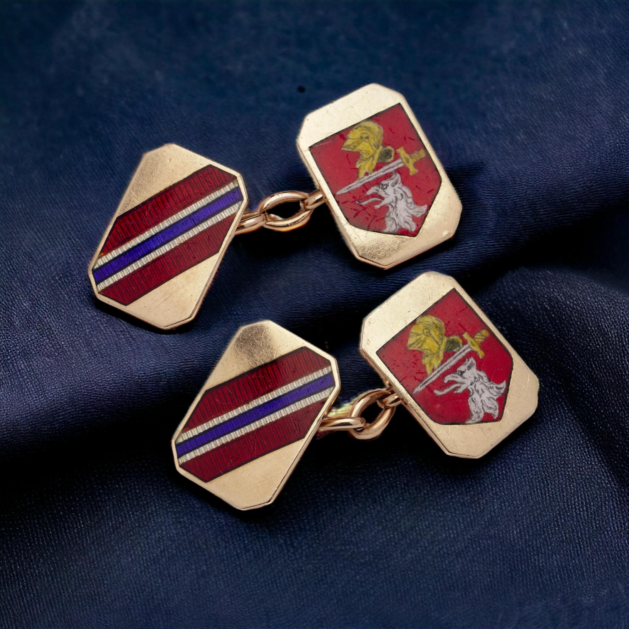 Vintage 9kt yellow gold and enamel  cufflinks with coat of arms For Sale 1