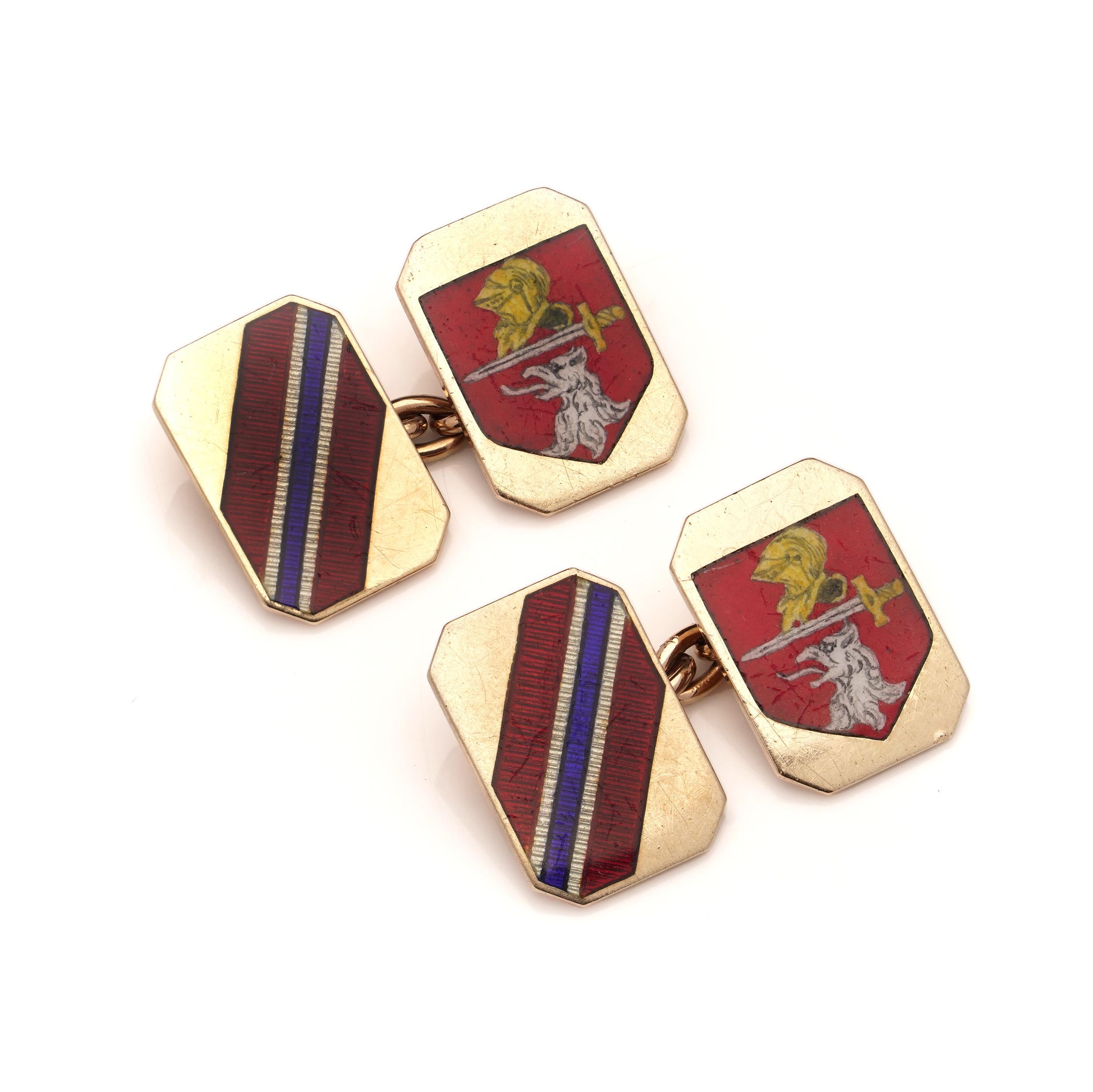 Vintage 9kt yellow gold and enamel  cufflinks with coat of arms For Sale 3