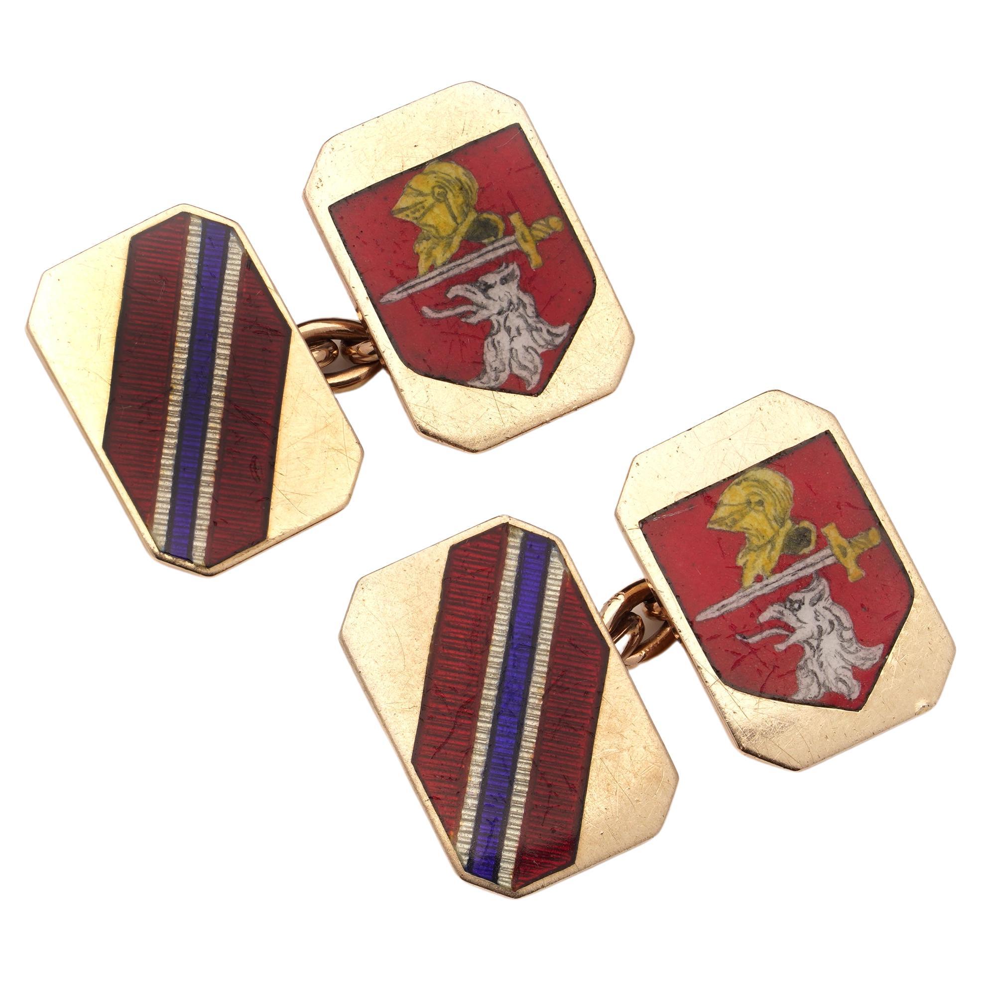 Vintage 9kt yellow gold and enamel  cufflinks with coat of arms For Sale